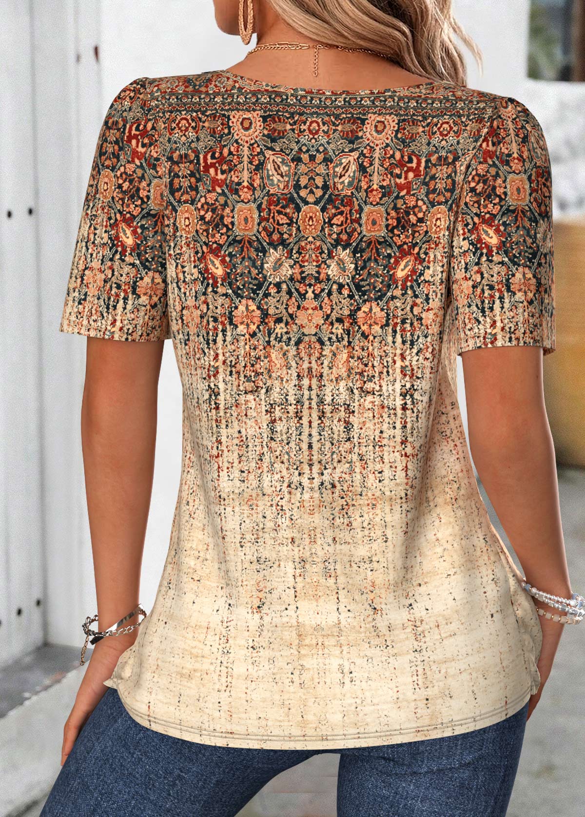 Purple Ditsy Floral Print Patchwork Short Sleeve T Shirt | picture 