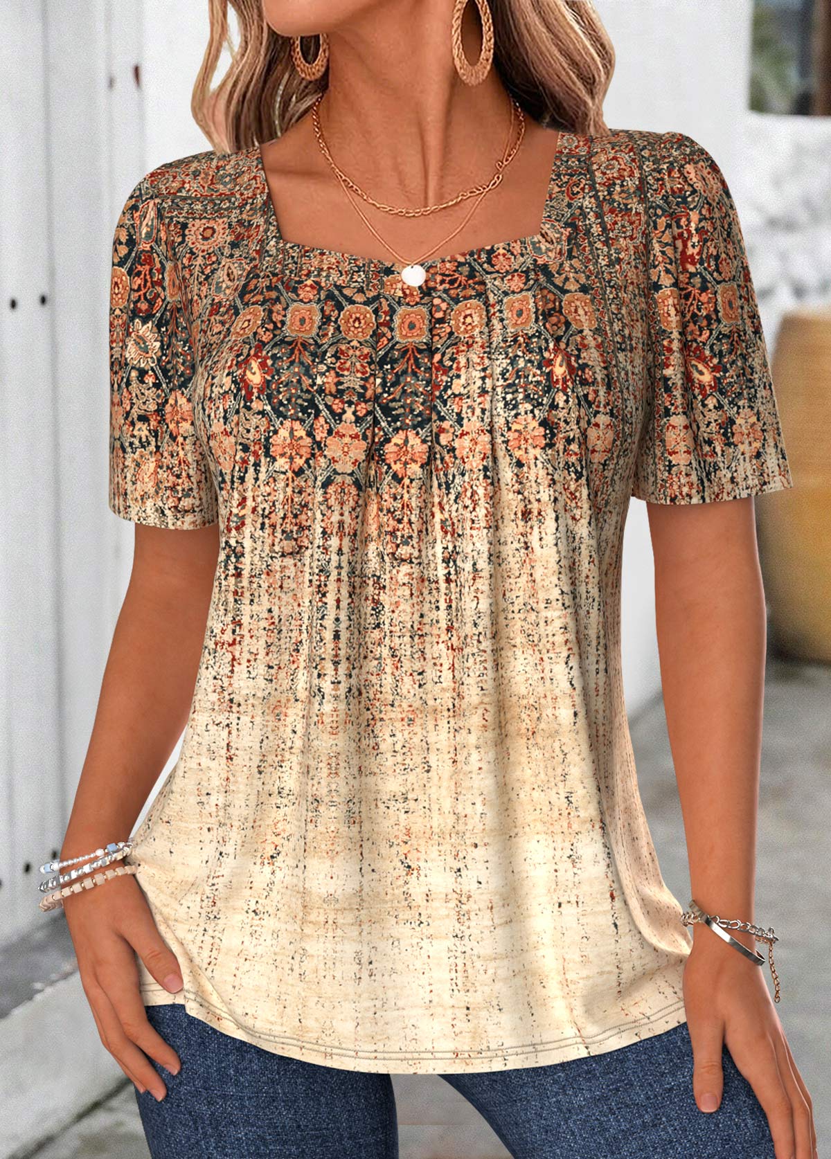 Purple Ditsy Floral Print Patchwork Short Sleeve T Shirt | picture 