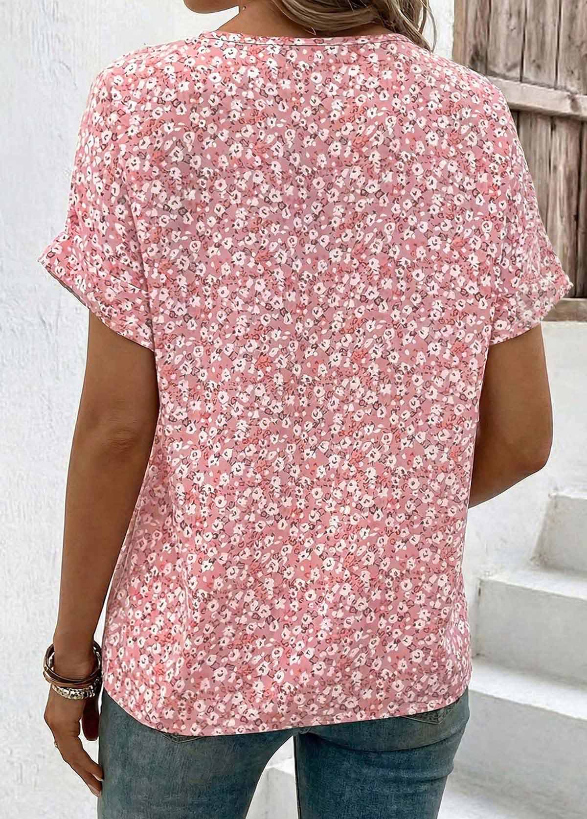 Pink Ditsy Floral Print Tummy Coverage T Shirt | picture 