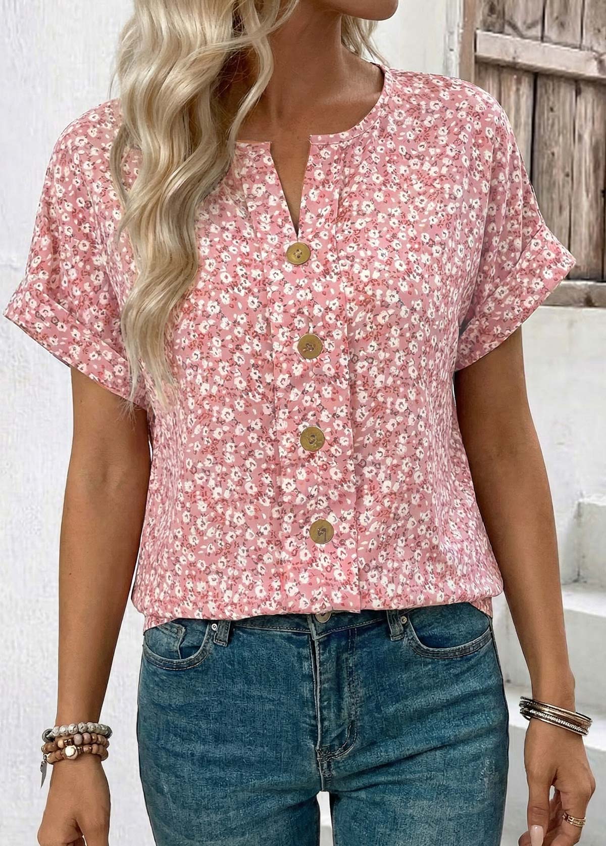 Pink Ditsy Floral Print Tummy Coverage T Shirt | picture 