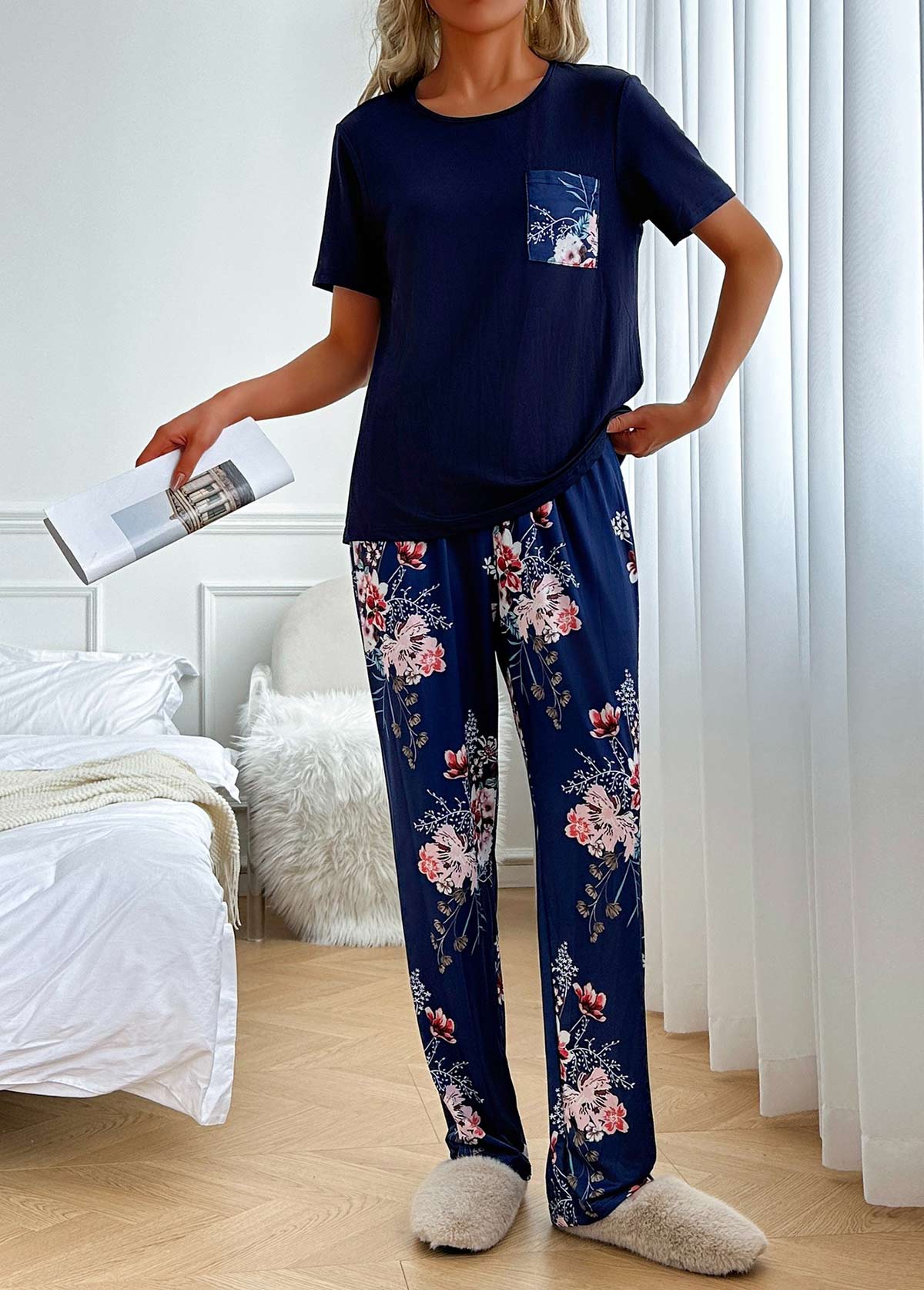 Navy Floral Print Short Sleeve Lounge Top and Pants | picture 