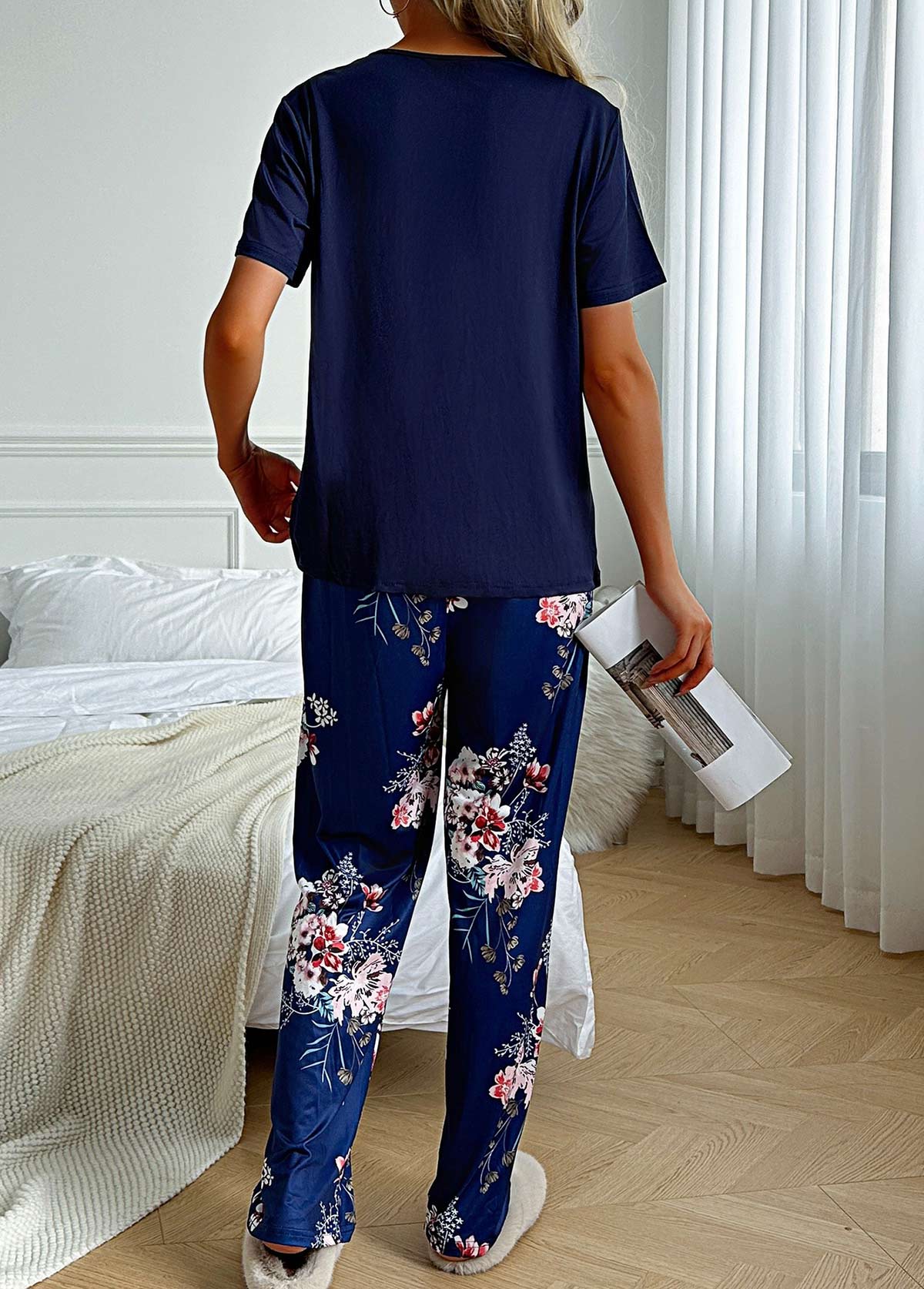 Navy Floral Print Short Sleeve Lounge Top and Pants | picture 