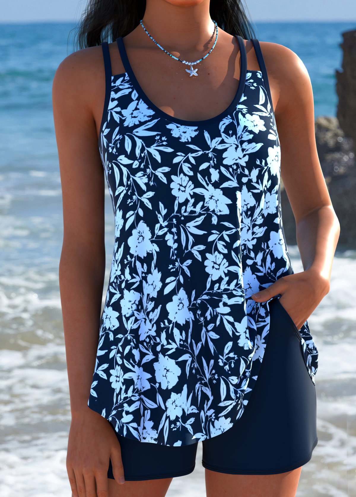 Navy Mid Waisted Curved Hem Tankini Set | picture 