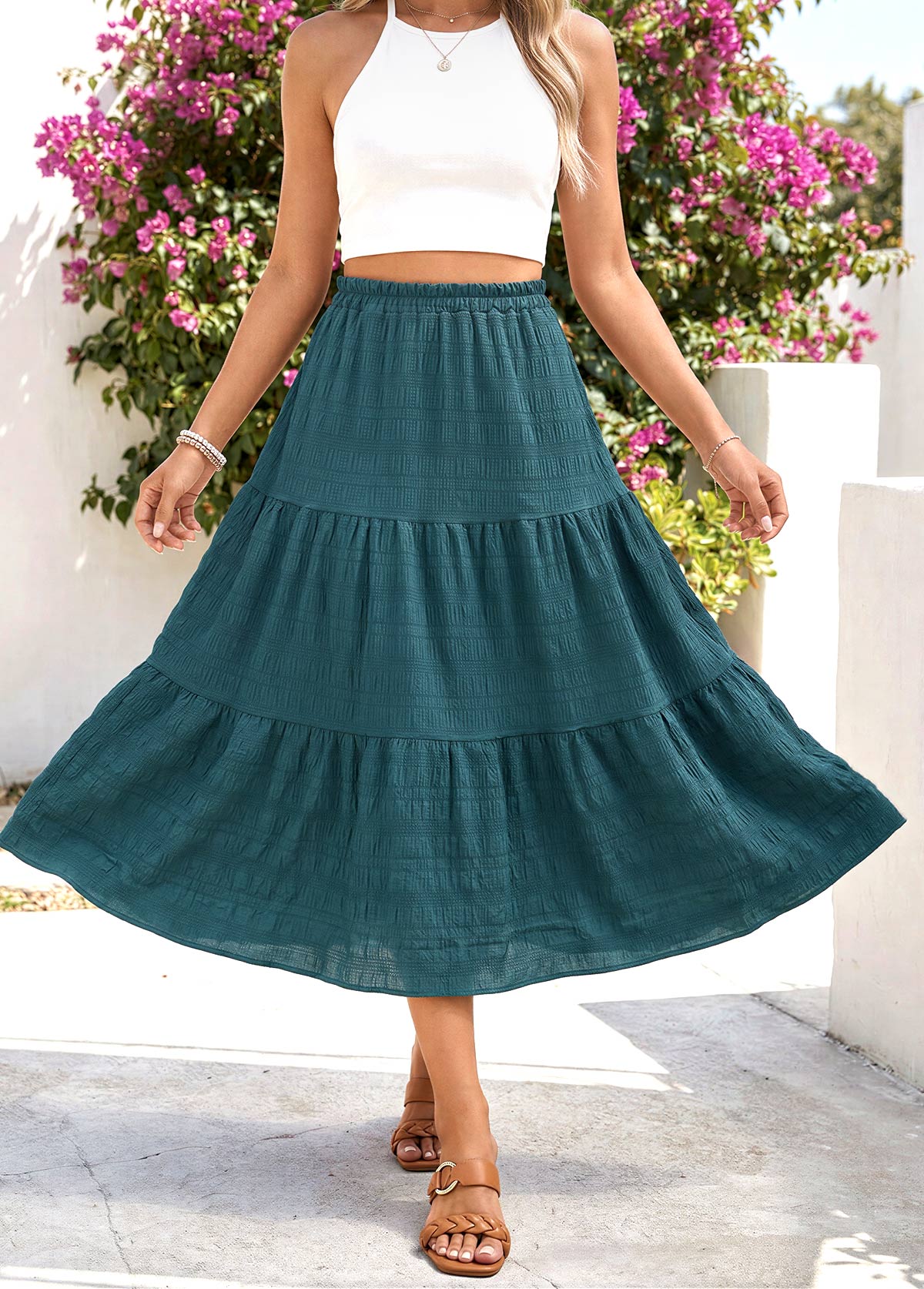 Blackish Green A Line Elastic Waist Skirt | picture 
