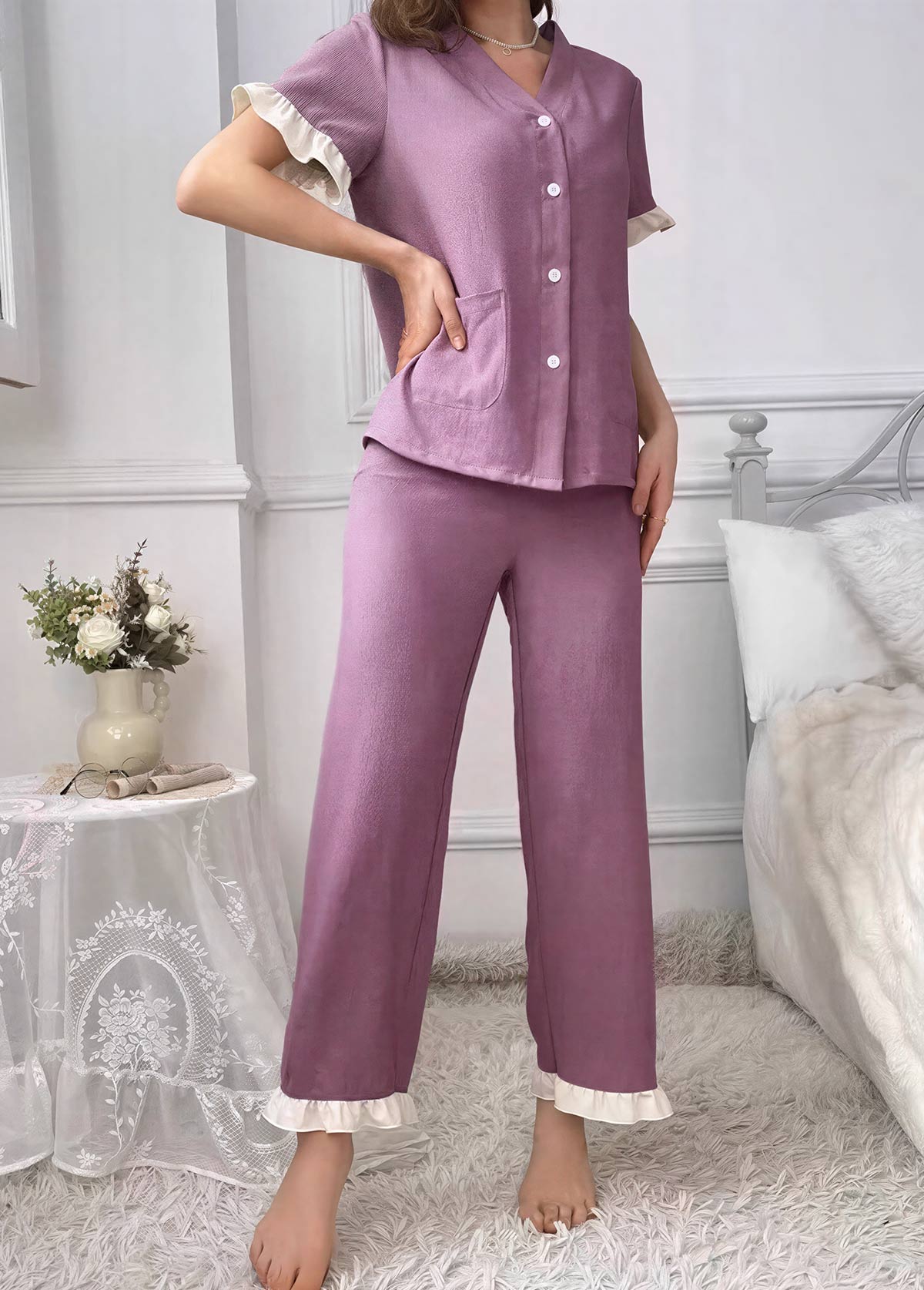 Purple Short Sleeve V Neck Lounge Top and Pants | picture 