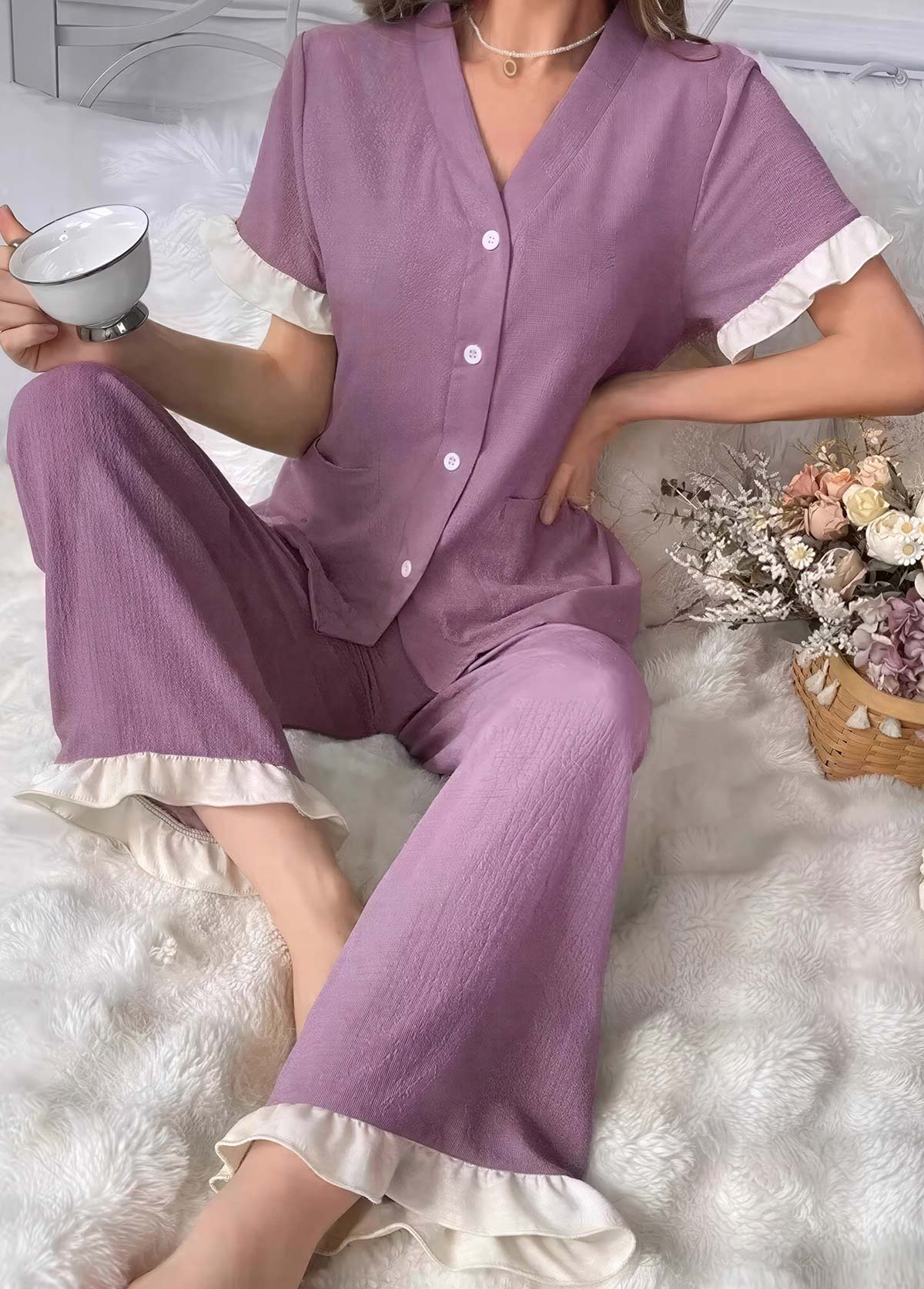 Purple Short Sleeve V Neck Lounge Top and Pants | picture 