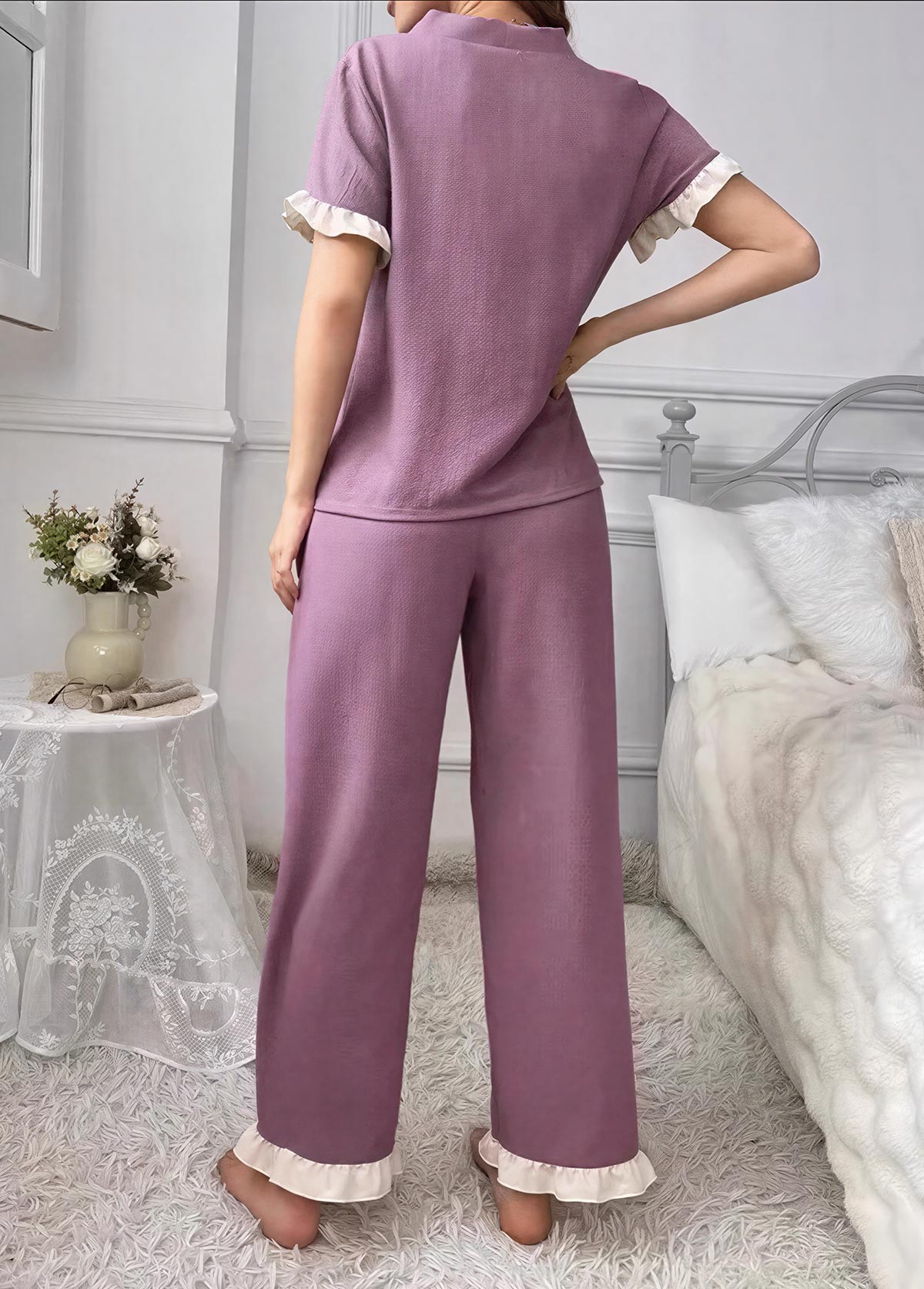 Purple Short Sleeve V Neck Lounge Top and Pants | picture 