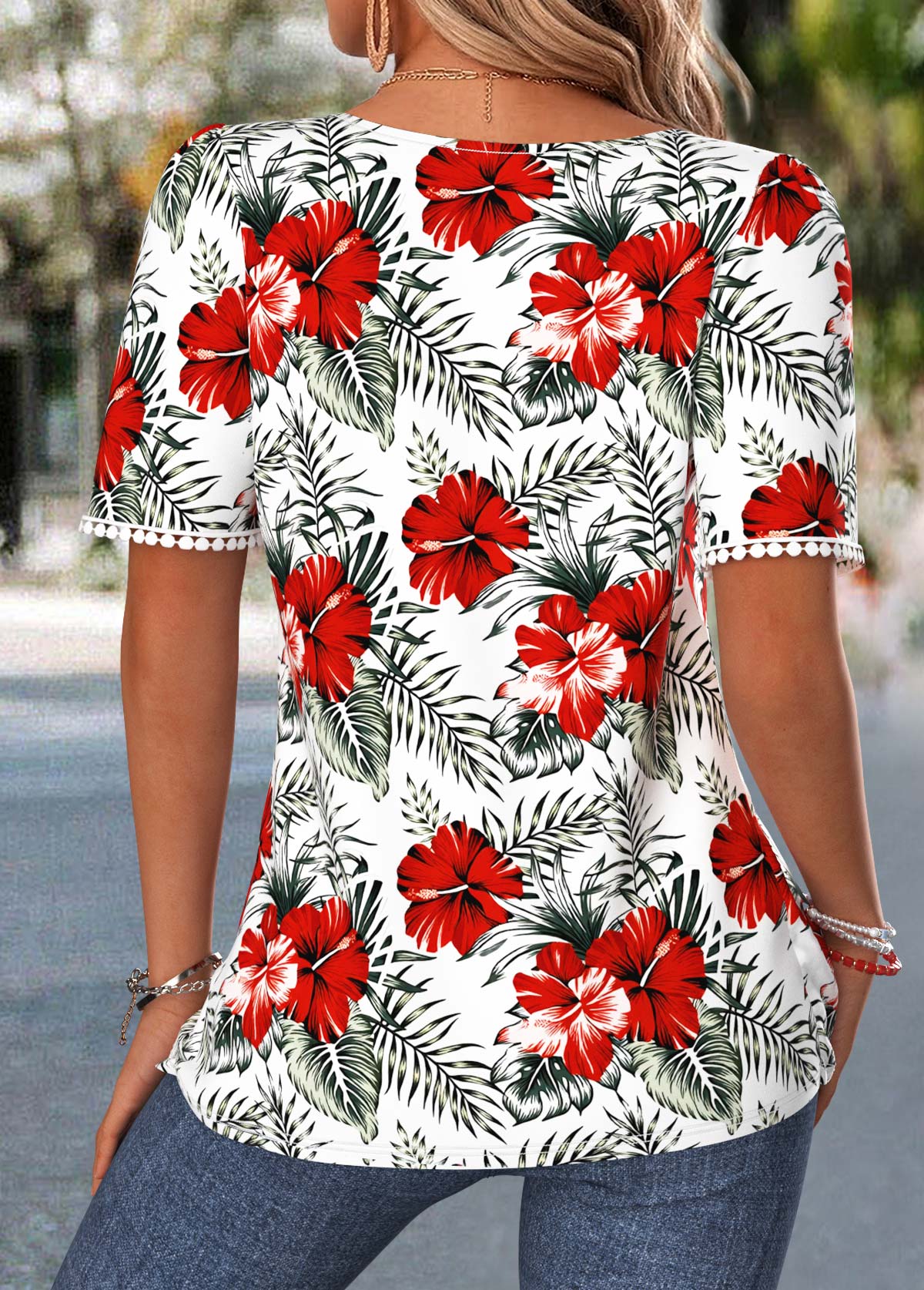 White Floral Print Shirred Short Sleeve T Shirt | picture 