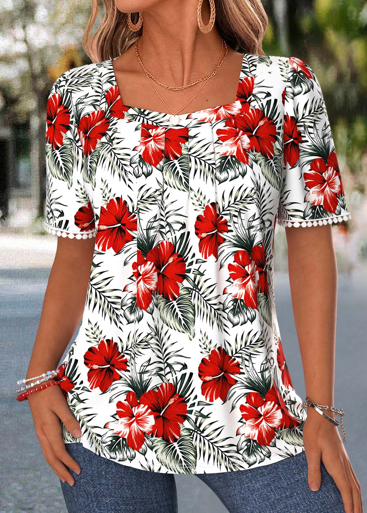 White Floral Print Shirred Short Sleeve T Shirt | picture 