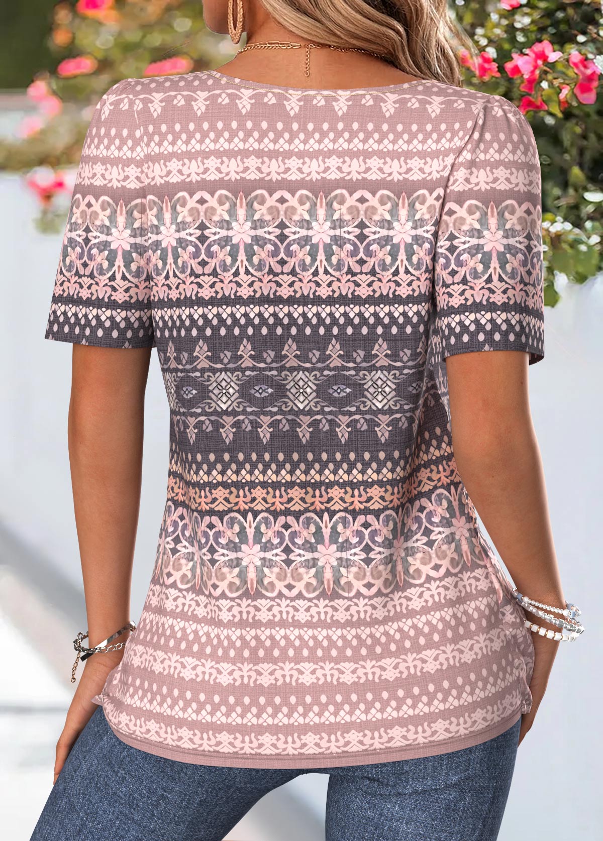 Pink Tribal Print Shirred Short Sleeve T Shirt | picture 