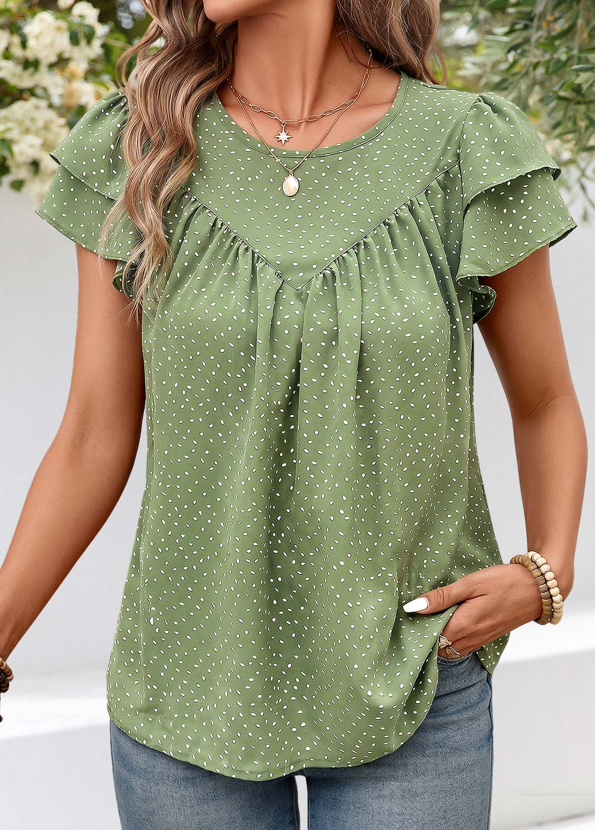 Sage Green Polka Dot Layered Short Sleeve T Shirt | picture 