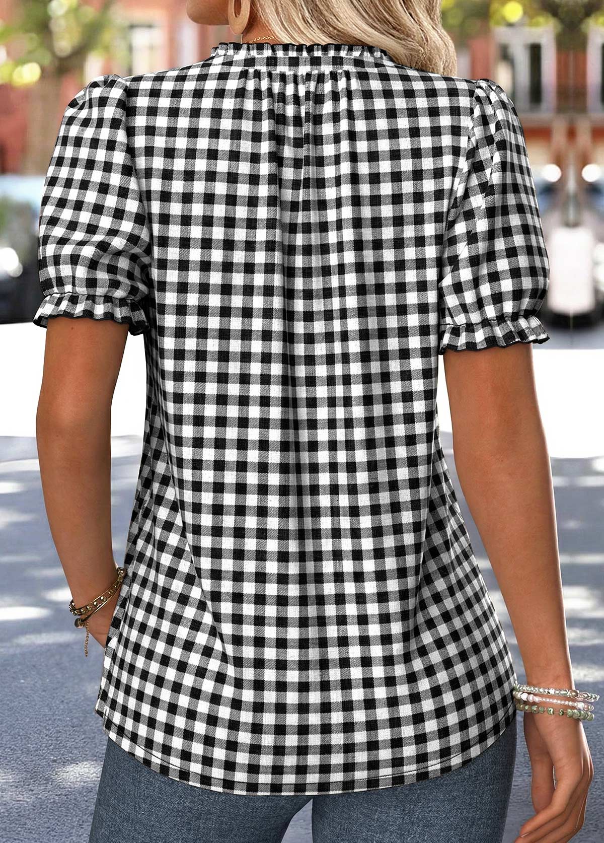 Black Plaid Tummy Coverage Short Sleeve V Neck Blouse | picture 