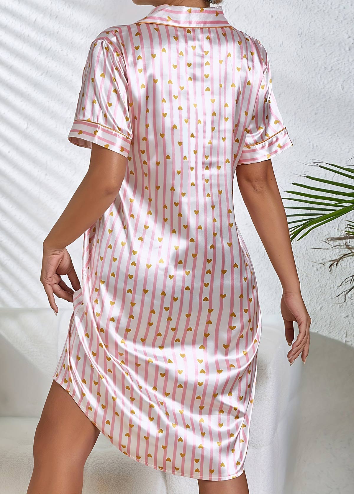 Pink Striped Half Sleeve Turn Down Collar Nightdress | picture 