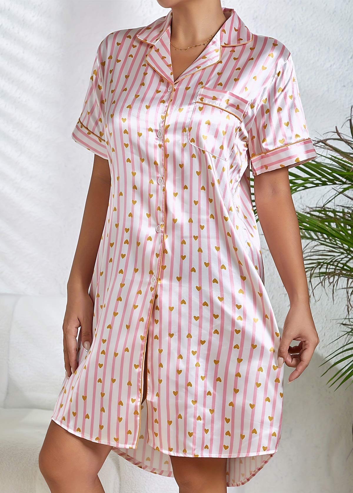 Pink Striped Half Sleeve Turn Down Collar Nightdress | picture 