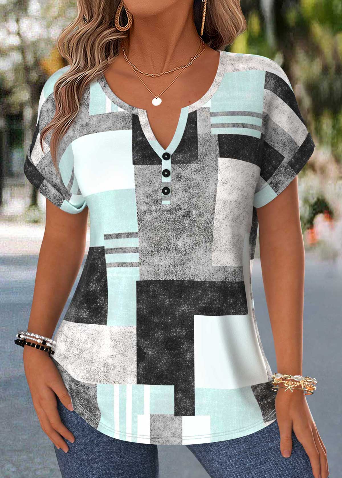 Mint Green Geometric Print Tummy Coverage T Shirt | picture 