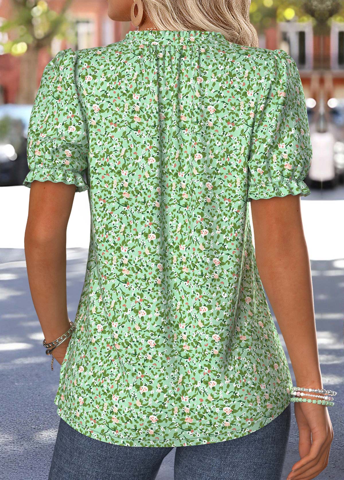 Light Green Ditsy Floral Print Tuck Stitch T Shirt | picture 
