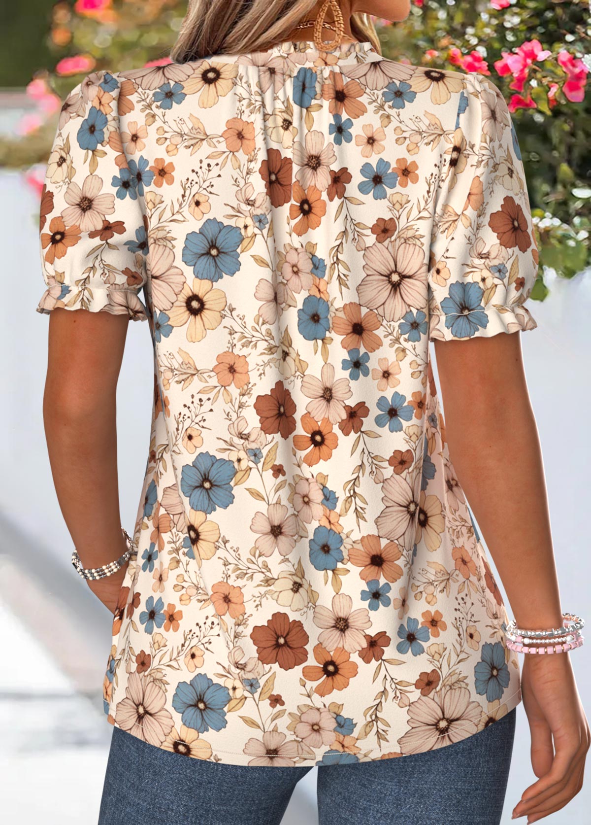 Multi Color Floral Print Frill Short Sleeve T Shirt | picture 