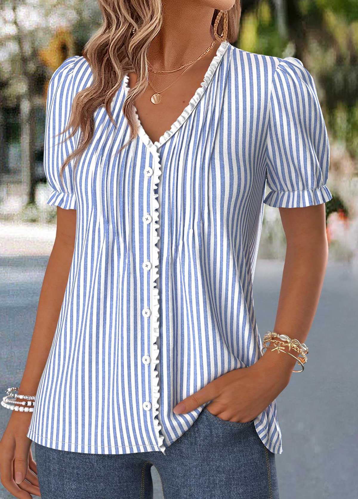Dusty Blue Striped Frill Short Sleeve T Shirt | picture 