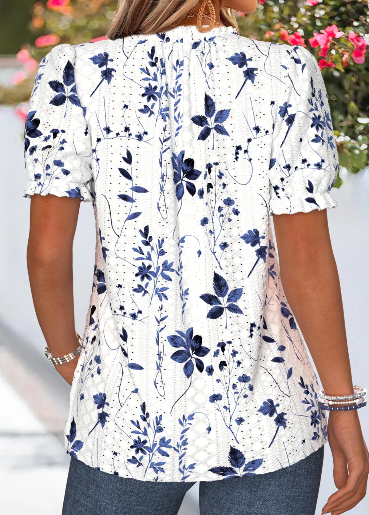 Navy Floral Print Frill Short Sleeve T Shirt | picture 