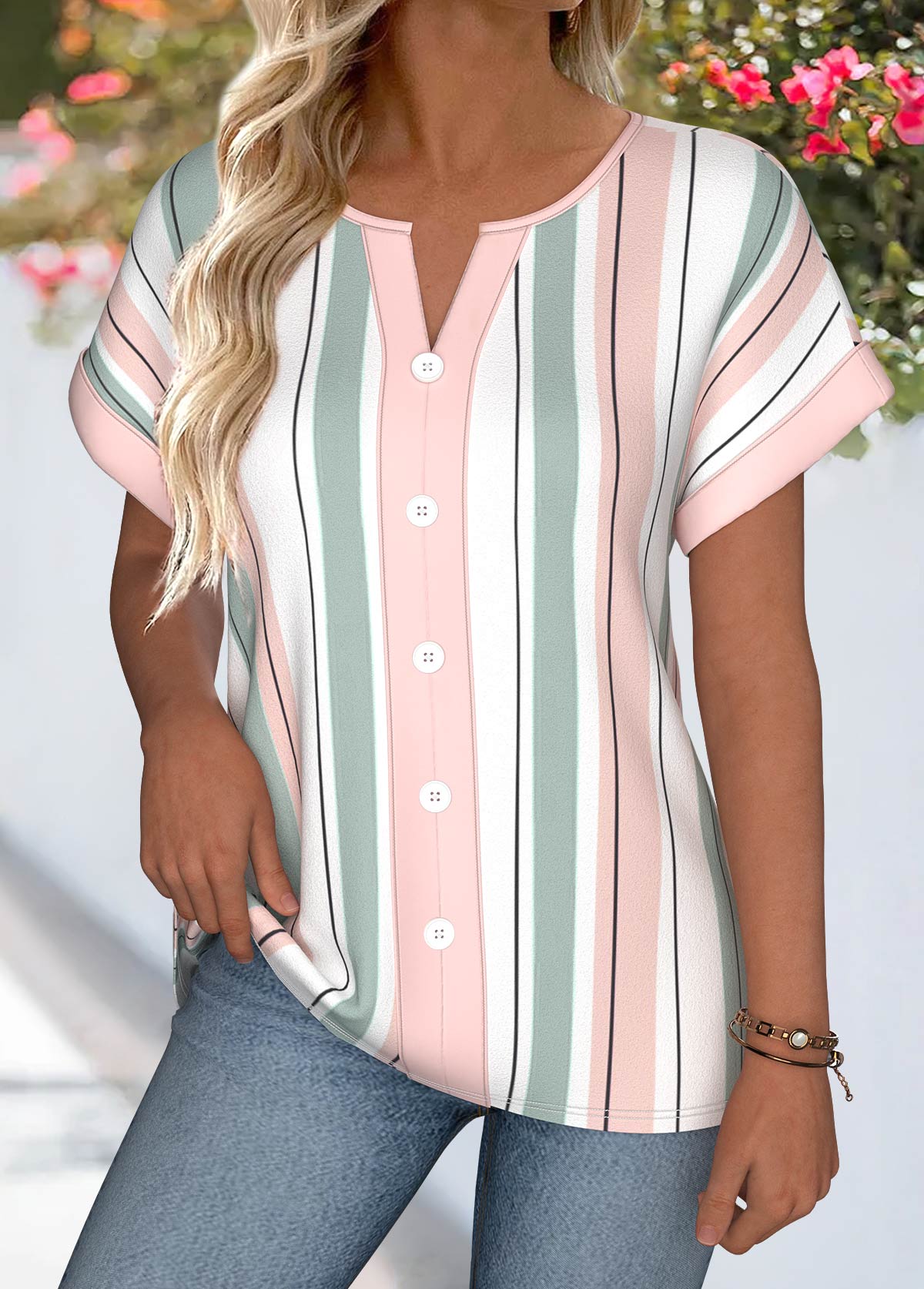 Multi Color Striped Tummy Coverage Short Sleeve Blouse | picture 