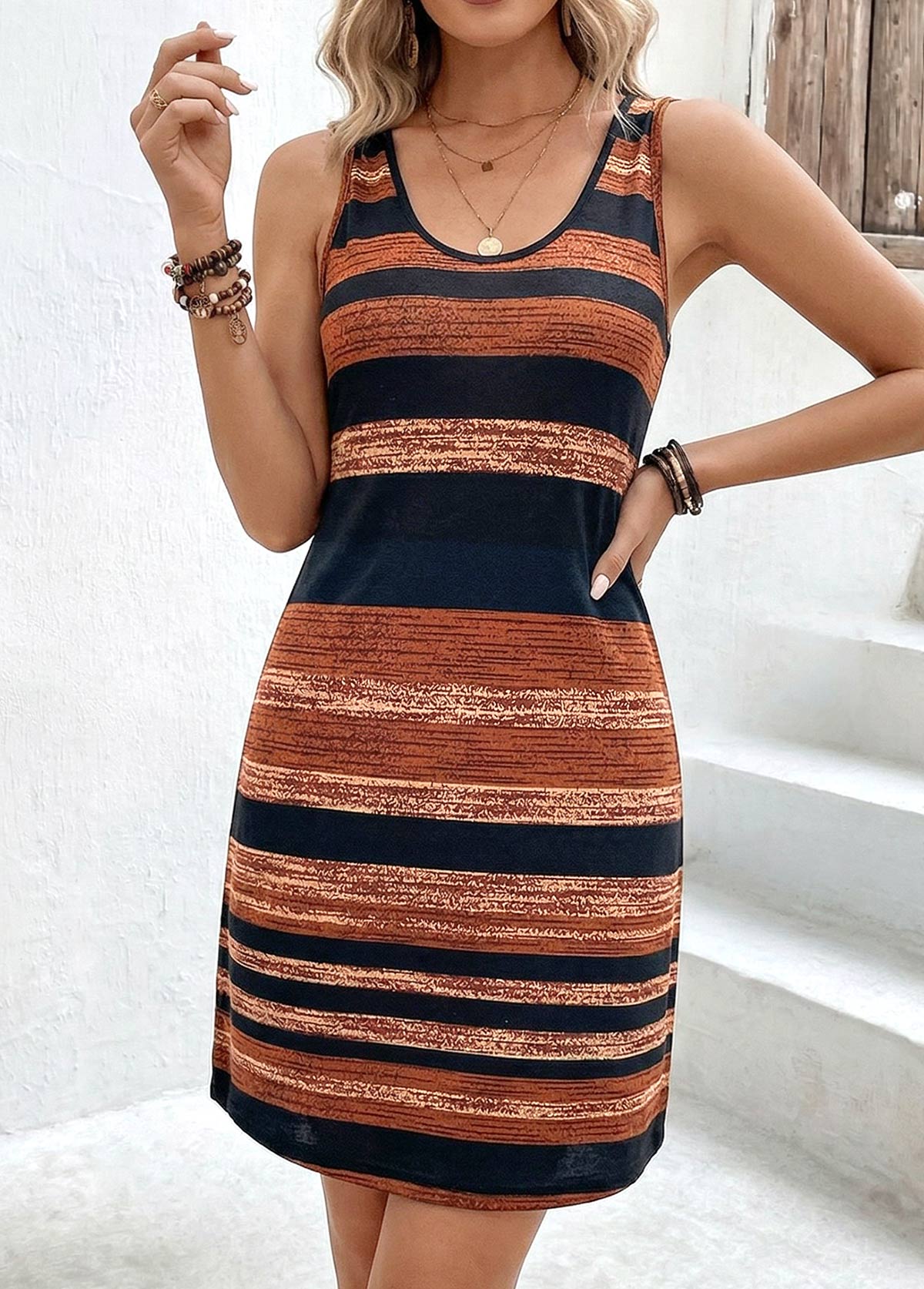 Multi Color Striped Short Tummy Coverage Sleeveless Dress | picture 
