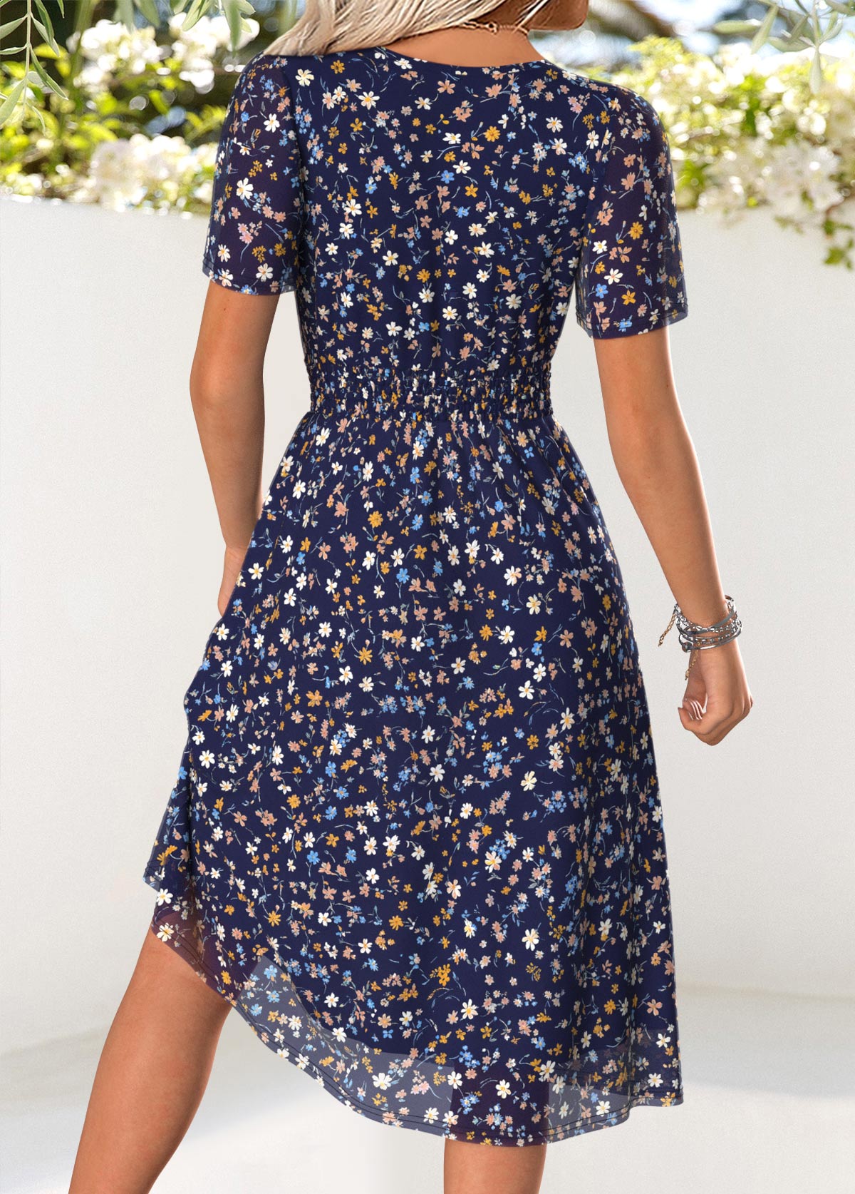 Dark Blue Ditsy Floral Print Smocked Short Sleeve Dress | picture 