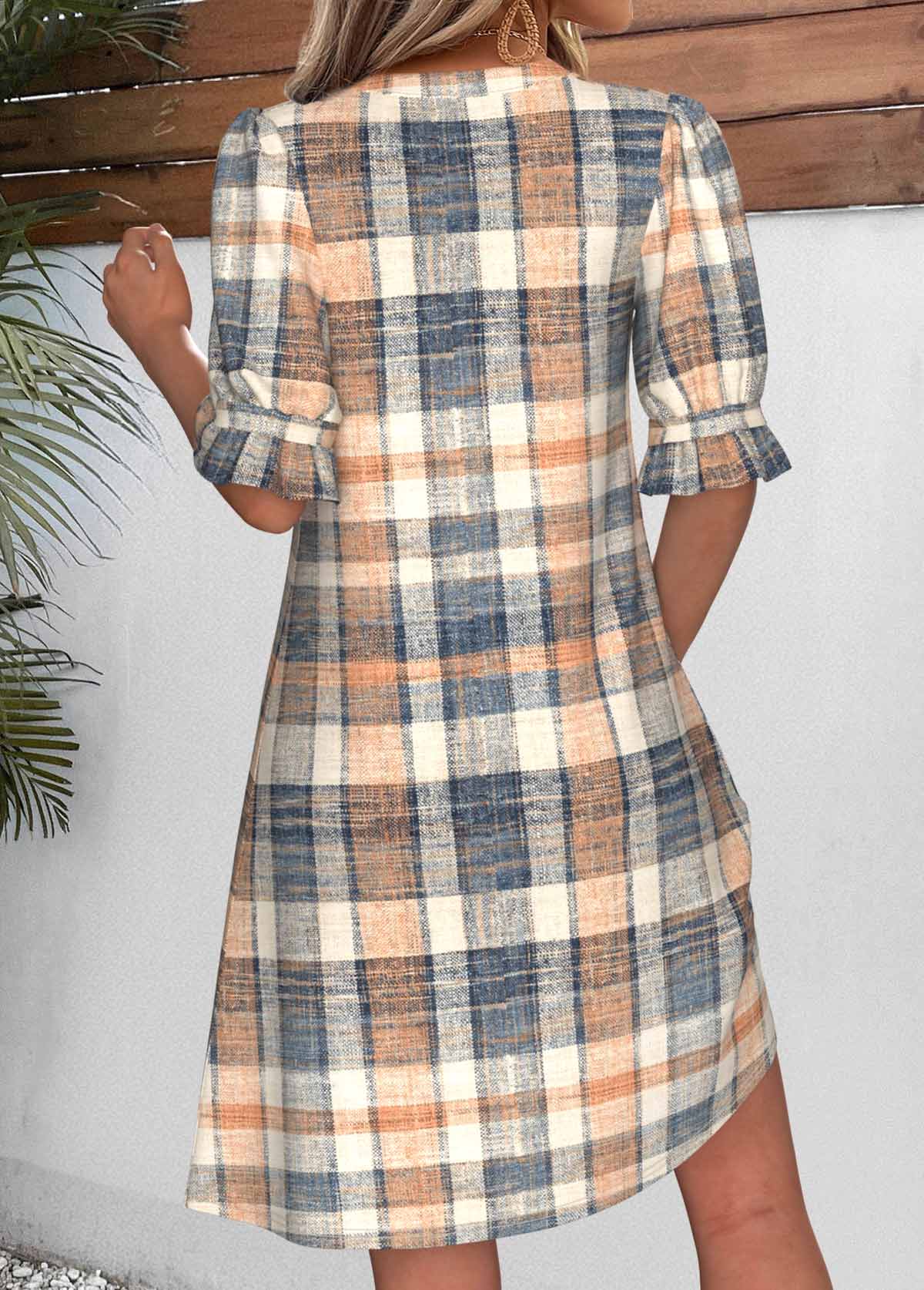 Multi Color Plaid Short Shirred Half Sleeve Dress | picture 