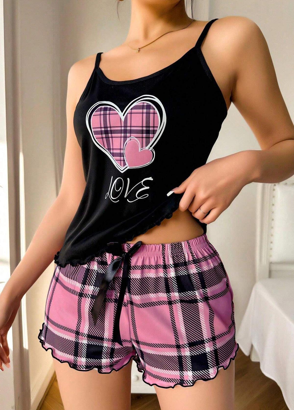 Pink Plaid Sleeveless Scoop Neck Lounge Top and Shorts | picture 