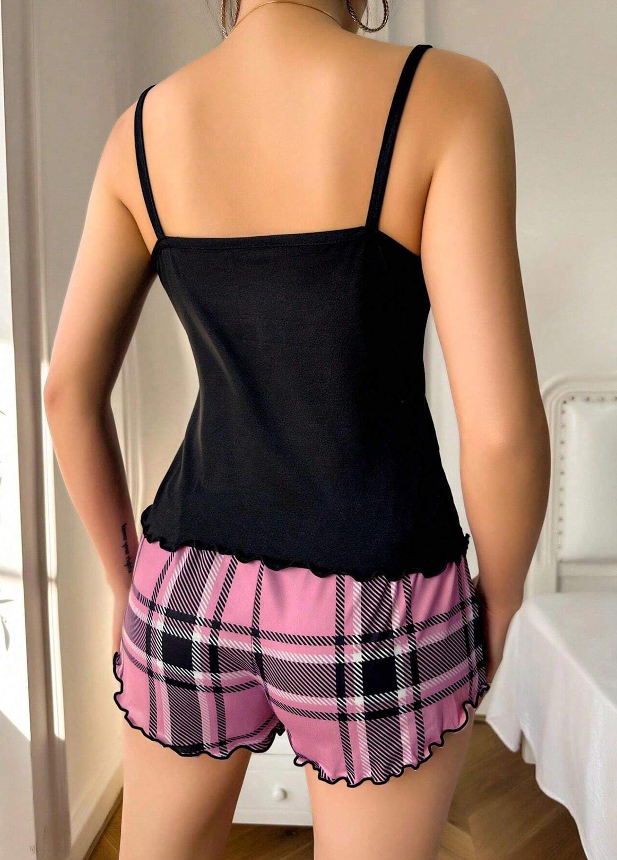Pink Plaid Sleeveless Scoop Neck Lounge Top and Shorts | picture 