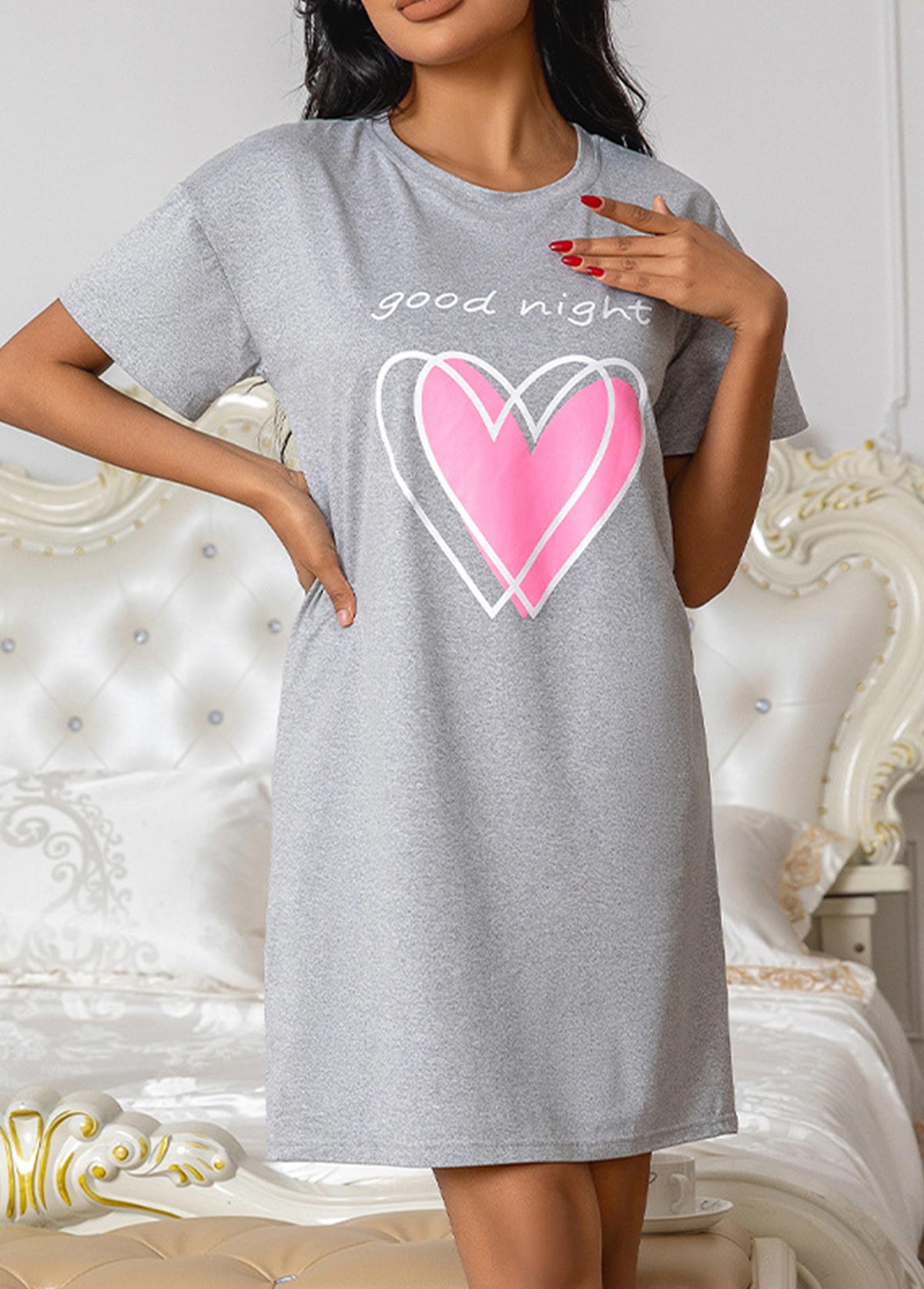 Grey Short Sleeve Round Neck Nightdress | picture 