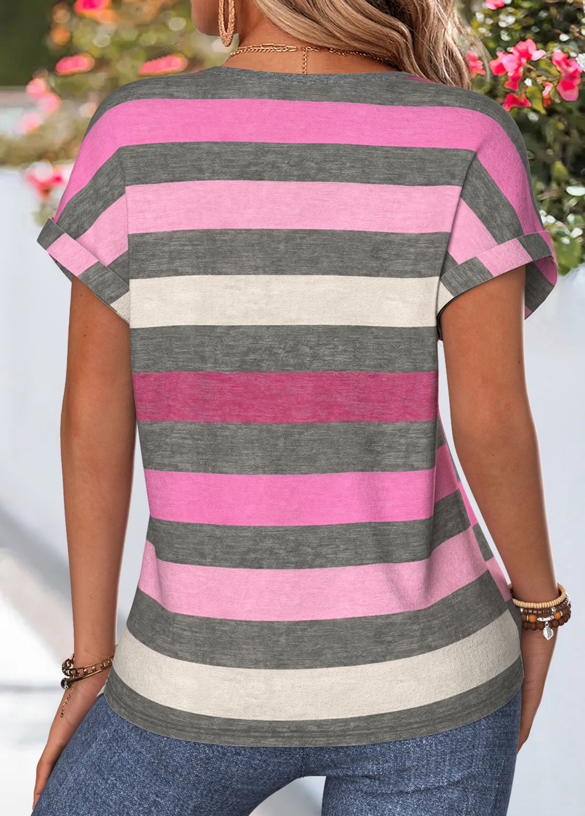 Hot Pink Striped Curved Hem Short Sleeve Blouse | picture 