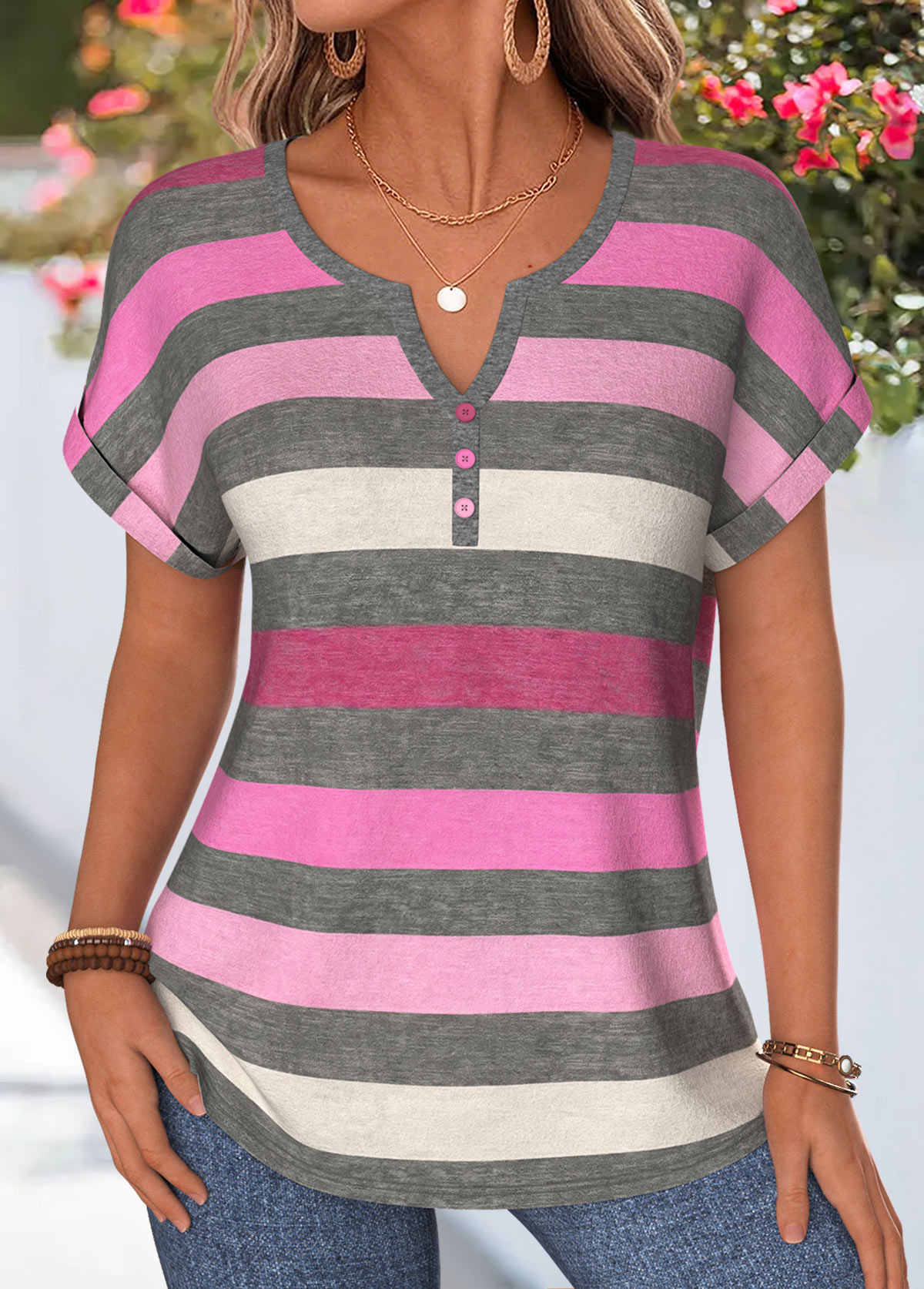 Hot Pink Striped Curved Hem Short Sleeve Blouse | picture 
