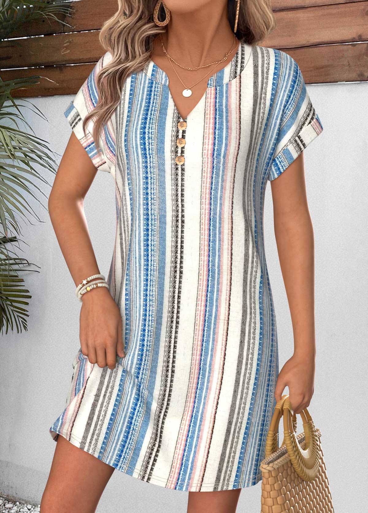 Multi Color Striped Short Tummy Coverage Split Neck Dress | picture 