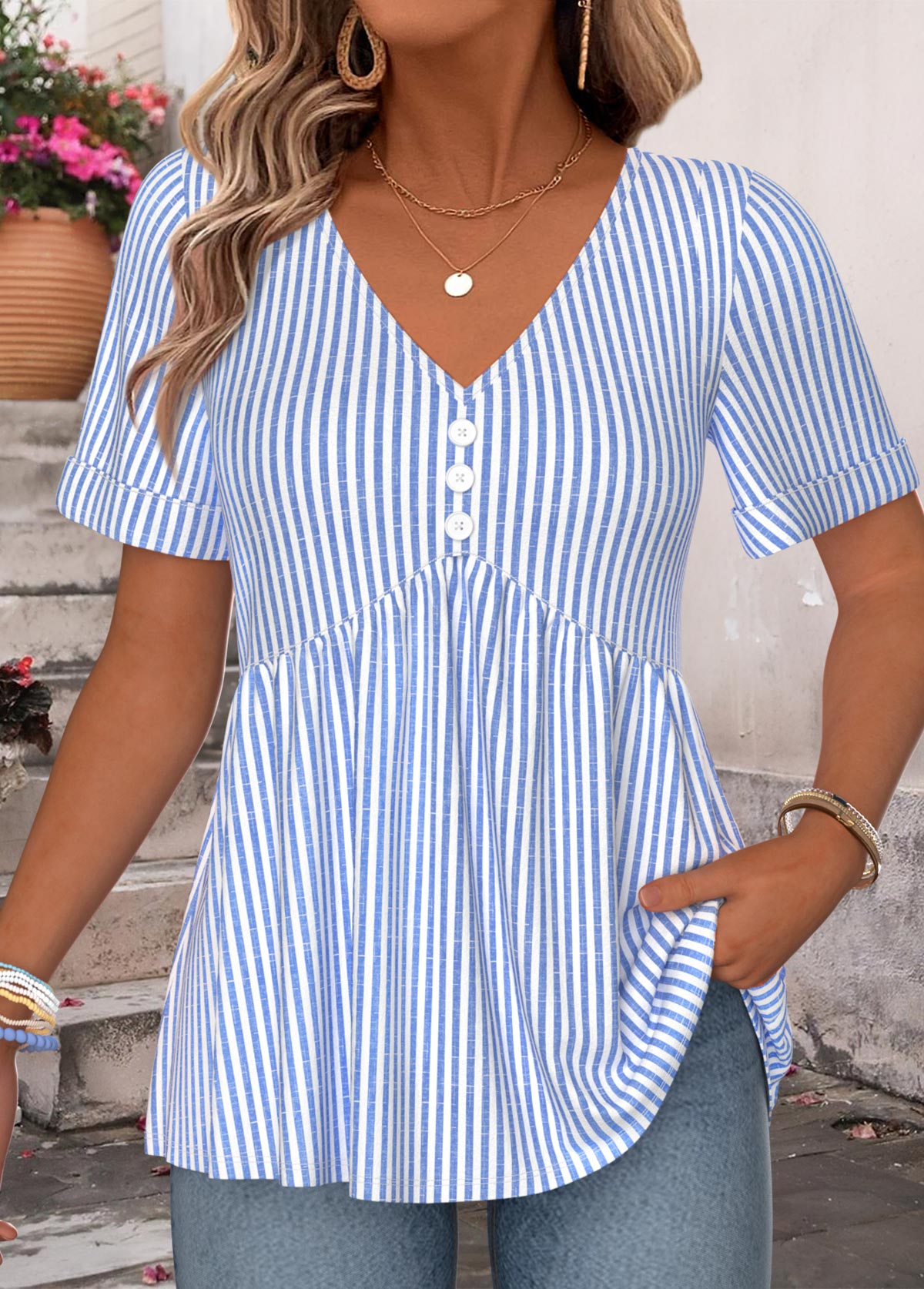 Blue Striped Curved Hem Short Sleeve T Shirt | picture 
