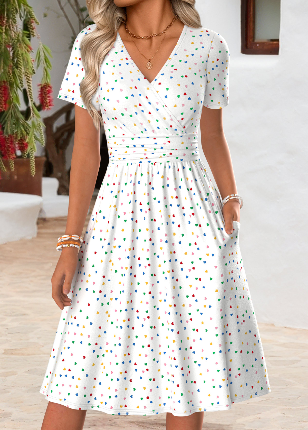 White Polka Dot Double Side Pockets Short Sleeve Dress | picture 