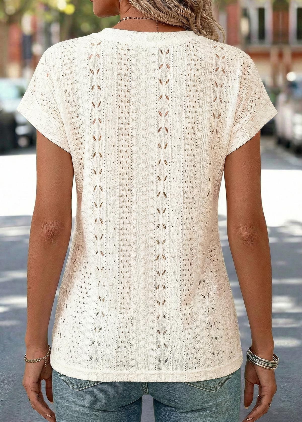 Beige Short Sleeve Round Neck T Shirt | picture 