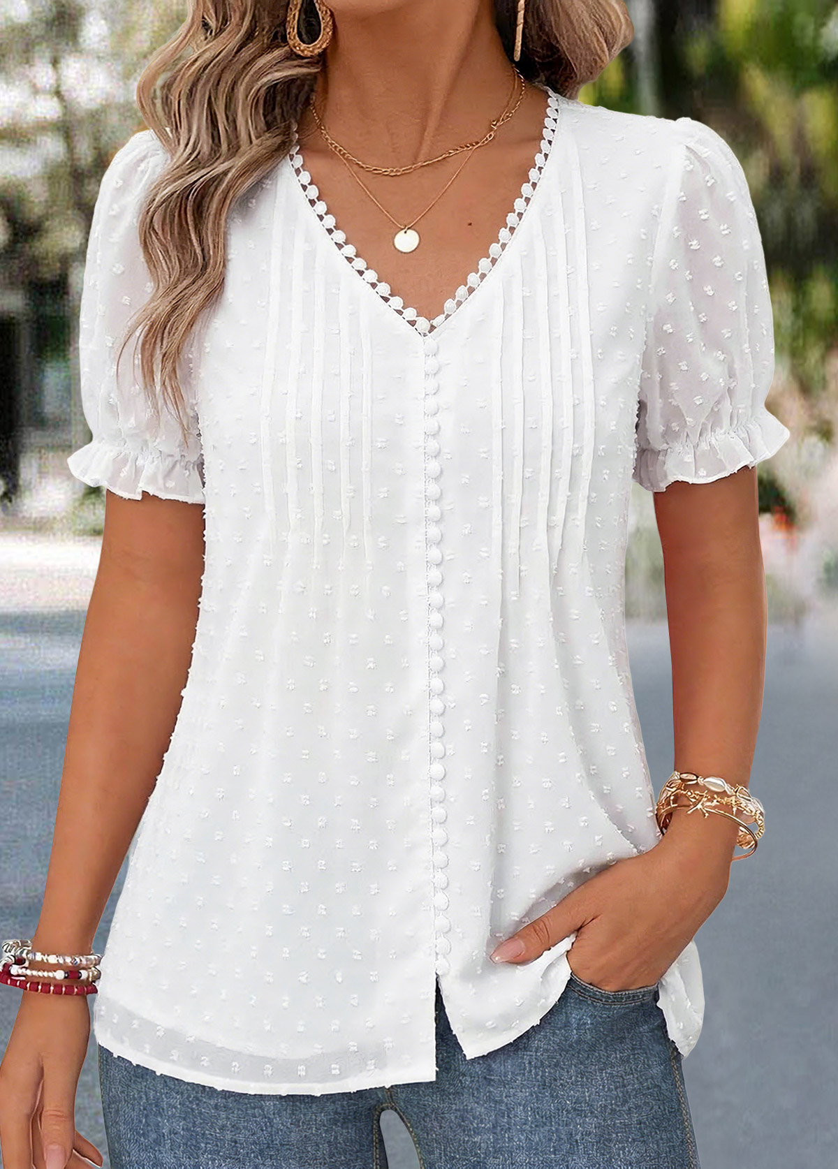 White Tuck Stitch Short Sleeve V Neck T Shirt | picture 