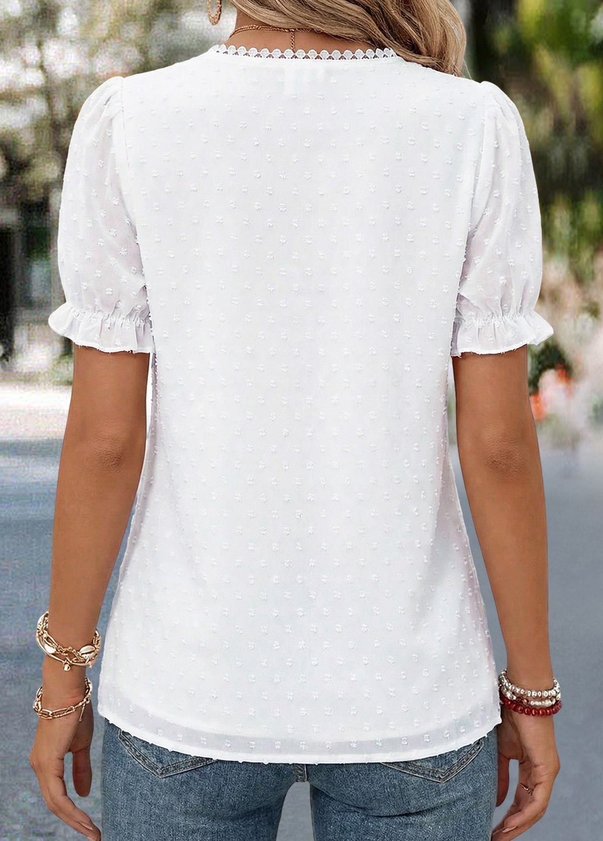 White Tuck Stitch Short Sleeve V Neck T Shirt | picture 