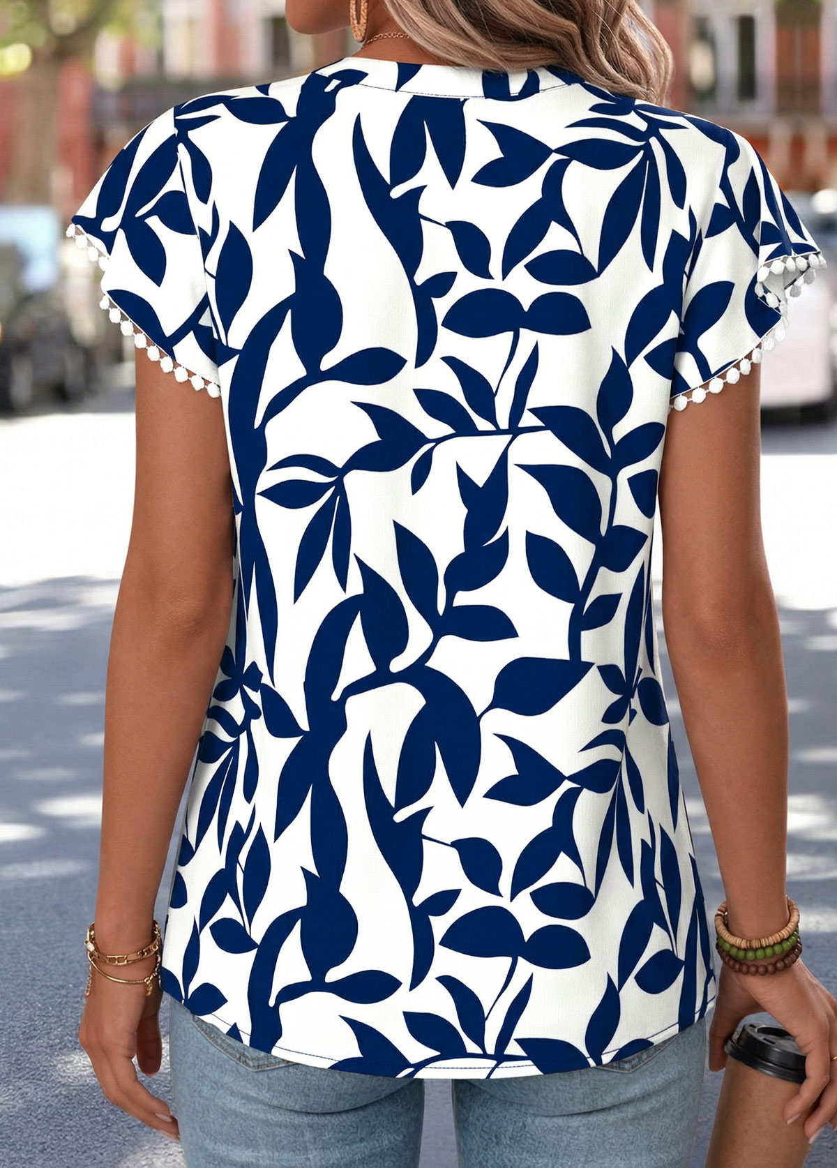 Navy Leaf Print Short Sleeve Split Neck Blouse | picture 