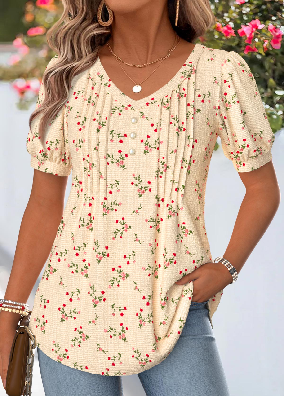 Light Yellow Ditsy Floral Print Tuck Stitch T Shirt | picture 