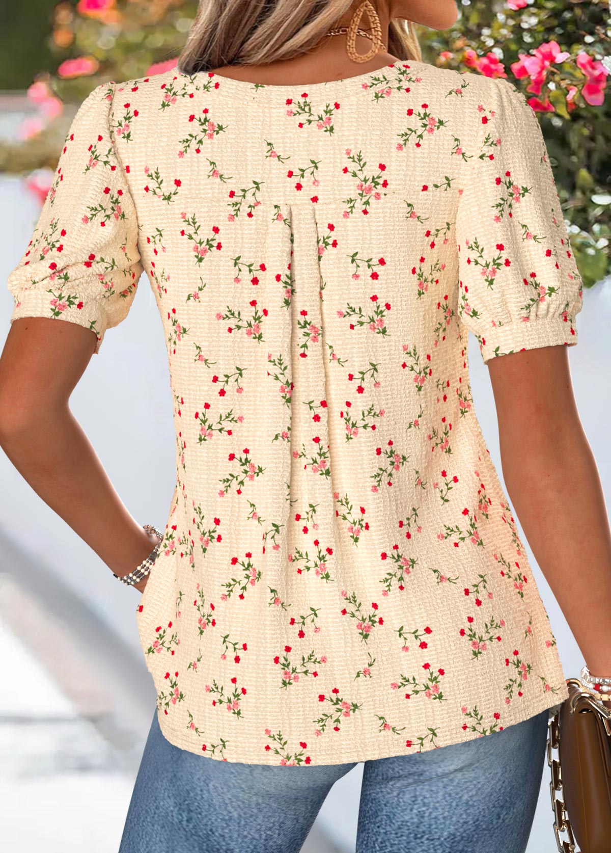 Light Yellow Ditsy Floral Print Tuck Stitch T Shirt | picture 