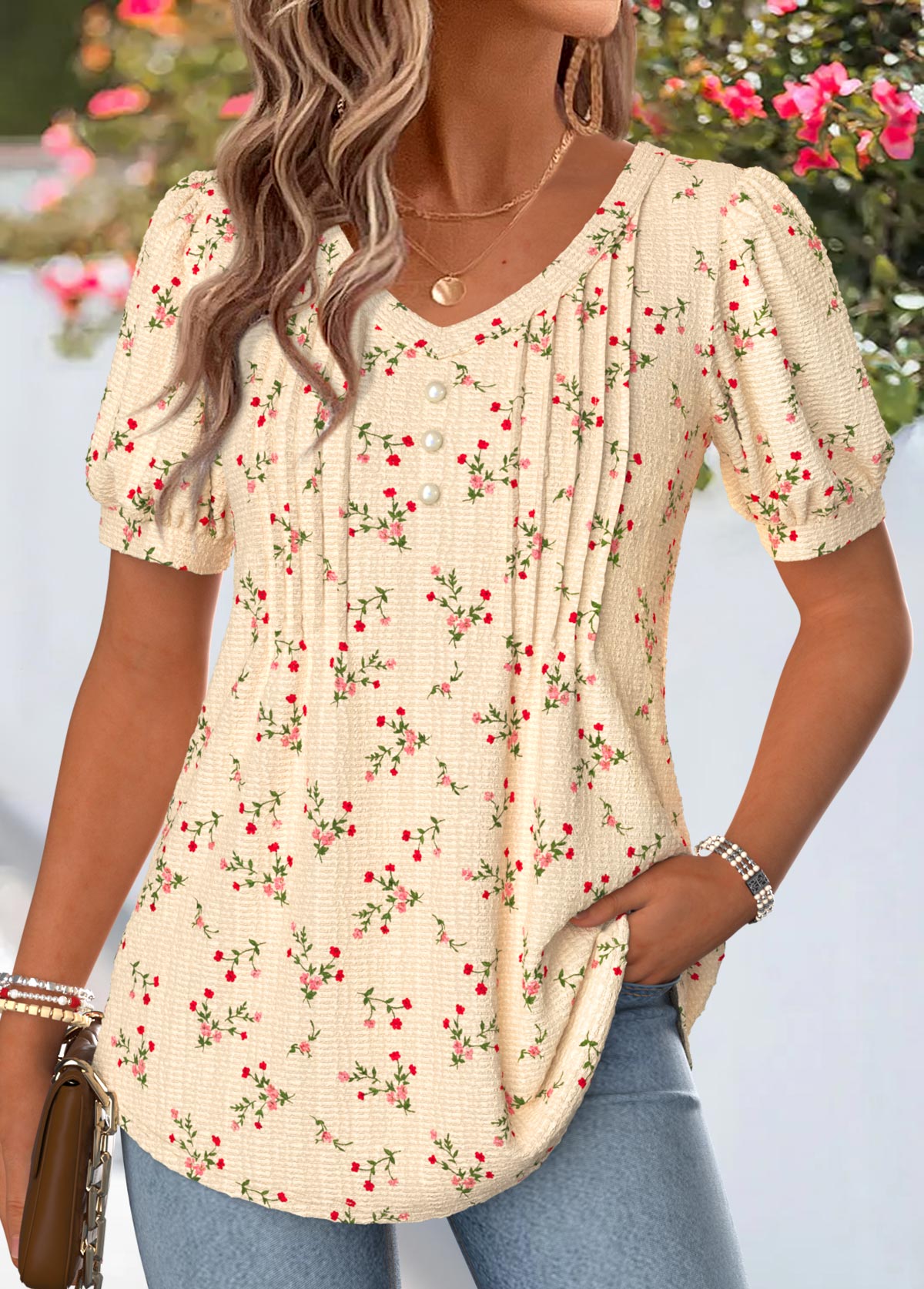 Light Yellow Ditsy Floral Print Tuck Stitch T Shirt | picture 