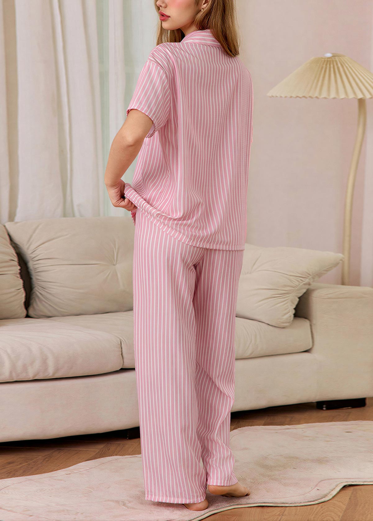 Pink Striped Short Sleeve Lounge Top and Pants | picture 
