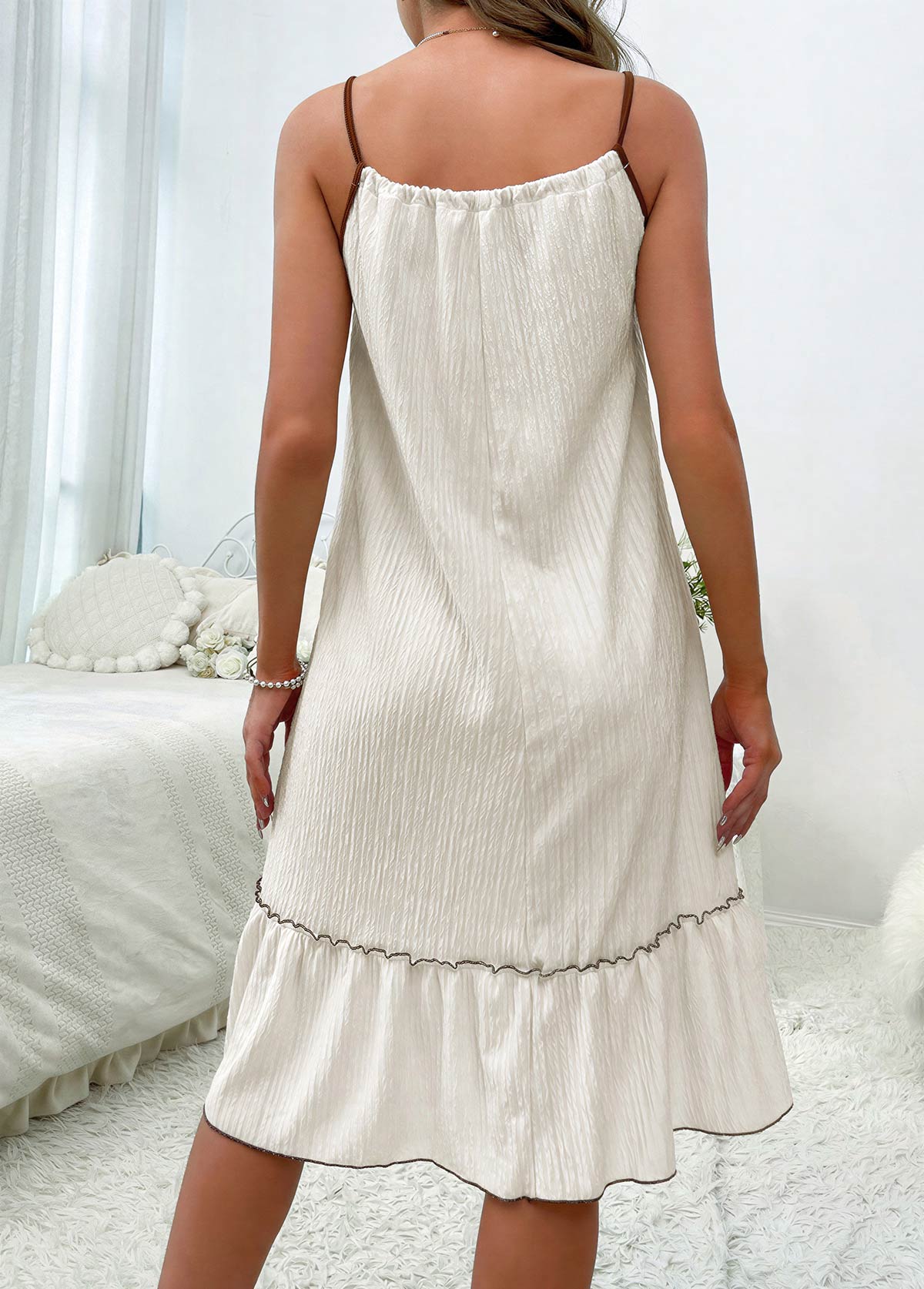 Beige Tie Strappy Scoop Neck Nightdress | picture 