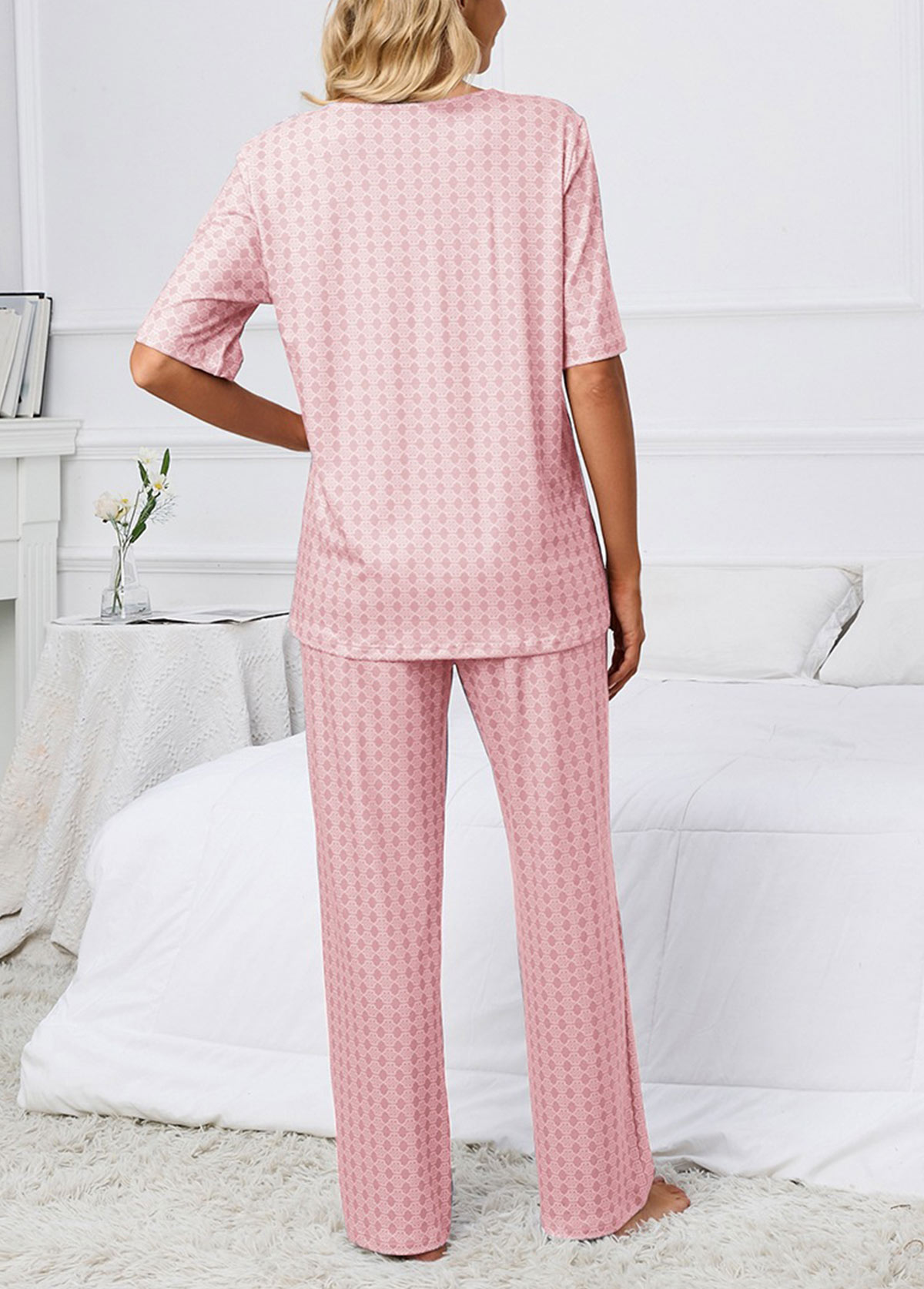 Pink Geometric Print Short Sleeve Lounge Top and Pants | picture 
