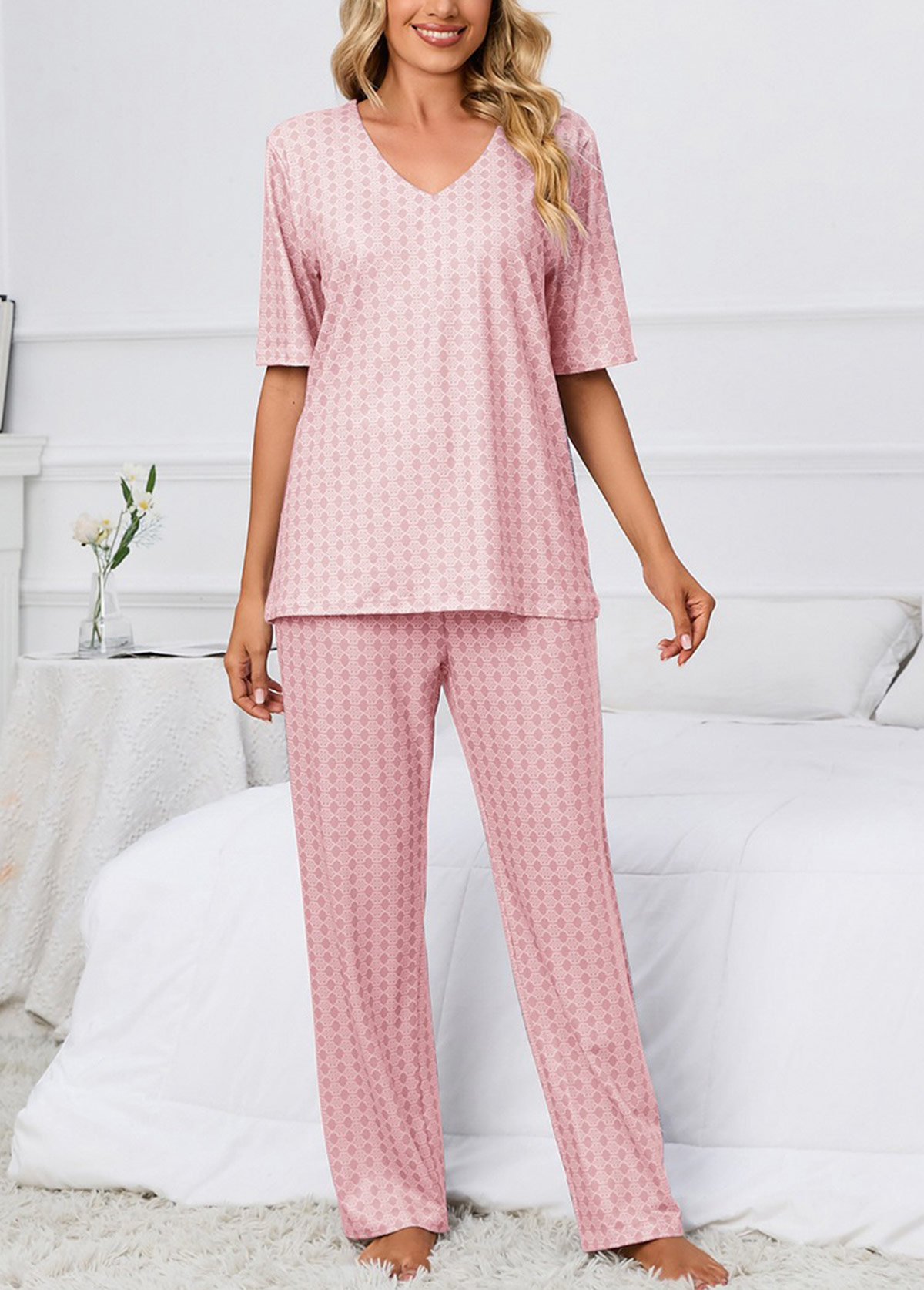 Pink Geometric Print Short Sleeve Lounge Top and Pants | picture 