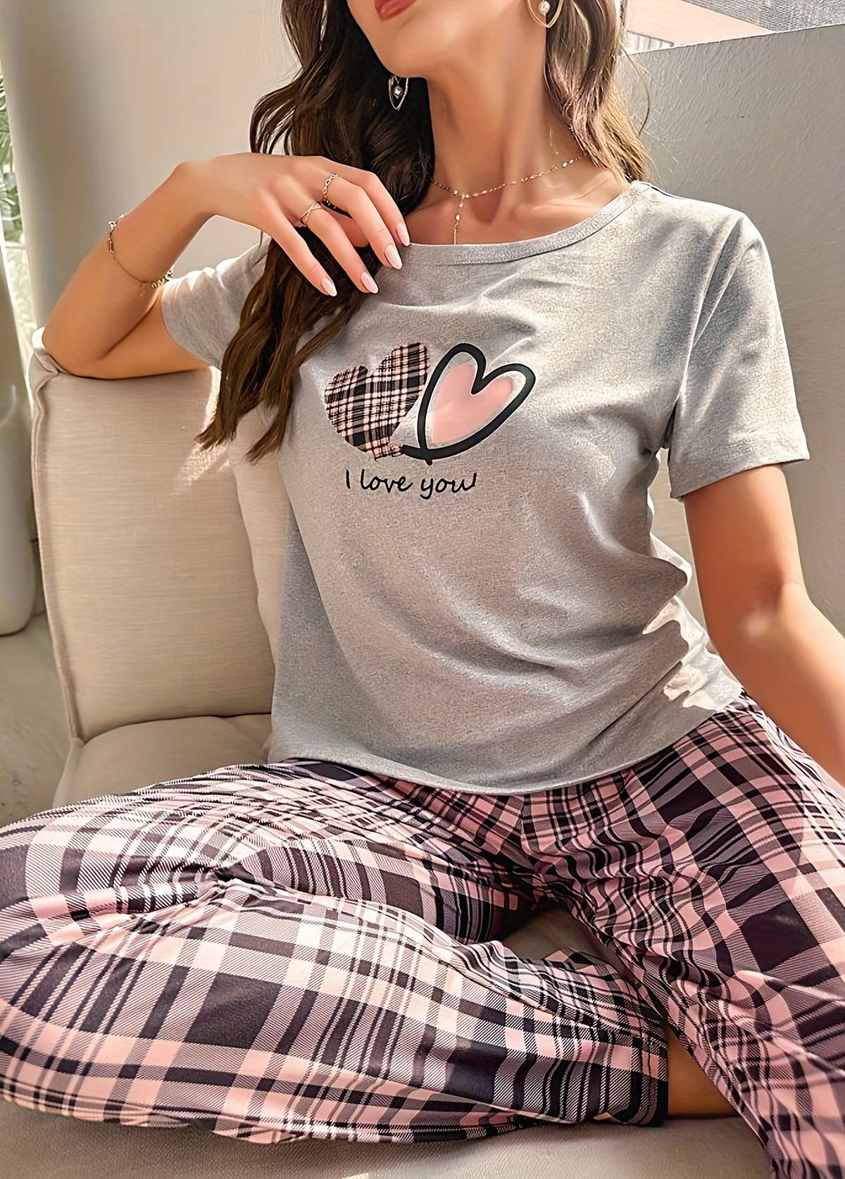 Grey Plaid Short Sleeve Lounge Top and Pants | picture 