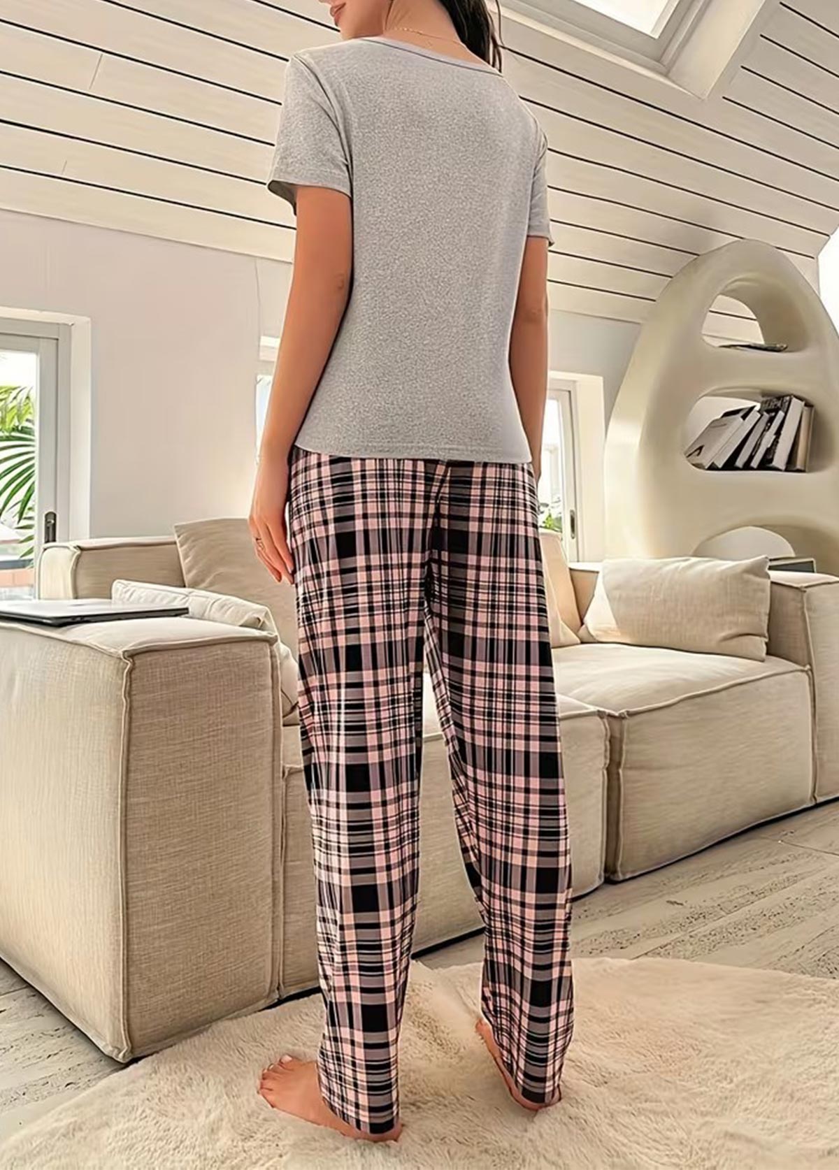 Grey Plaid Short Sleeve Lounge Top and Pants | picture 