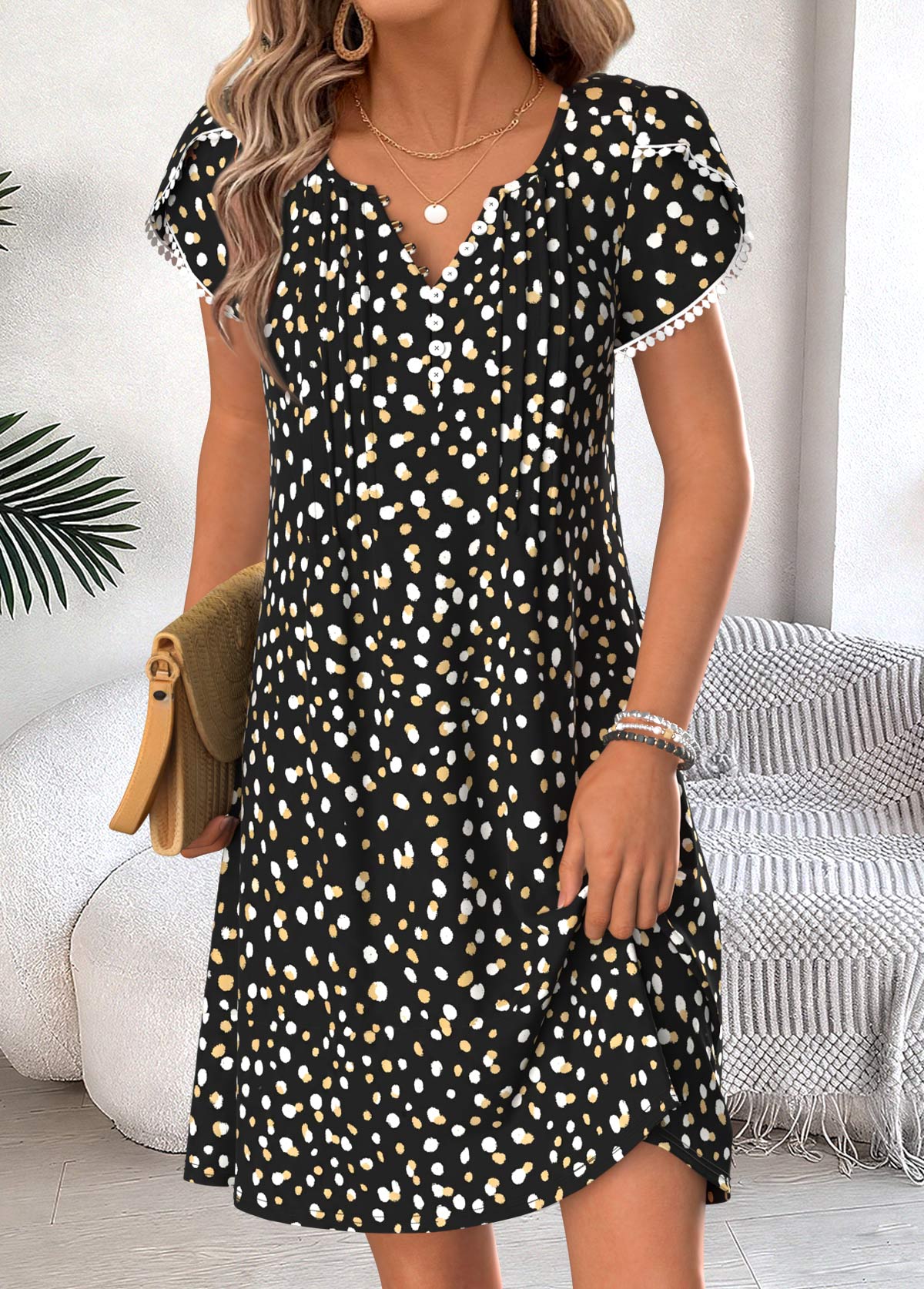 Black Polka Dot Short Tuck Stitch Split Neck Dress | picture 