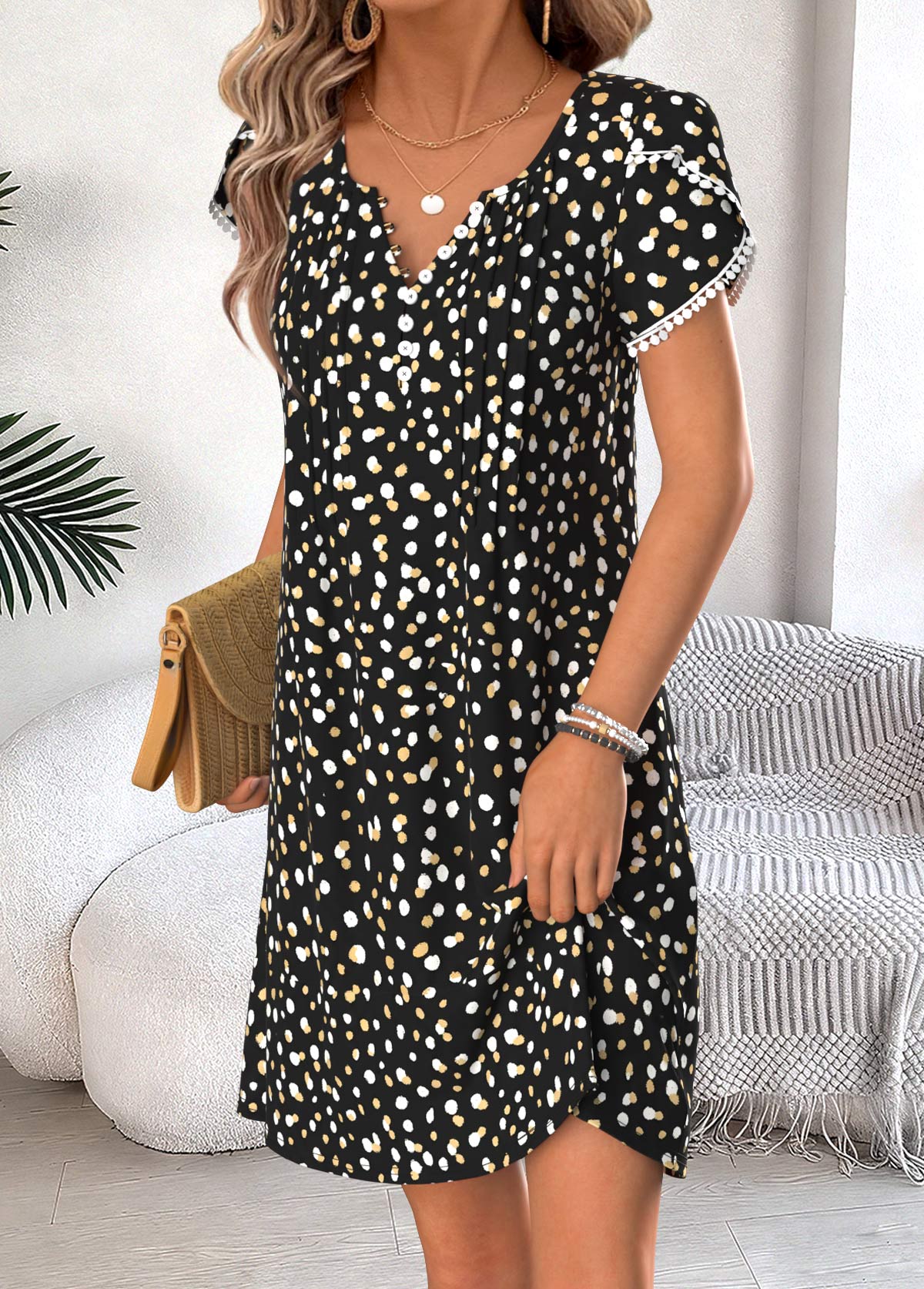 Black Polka Dot Short Tuck Stitch Split Neck Dress | picture 